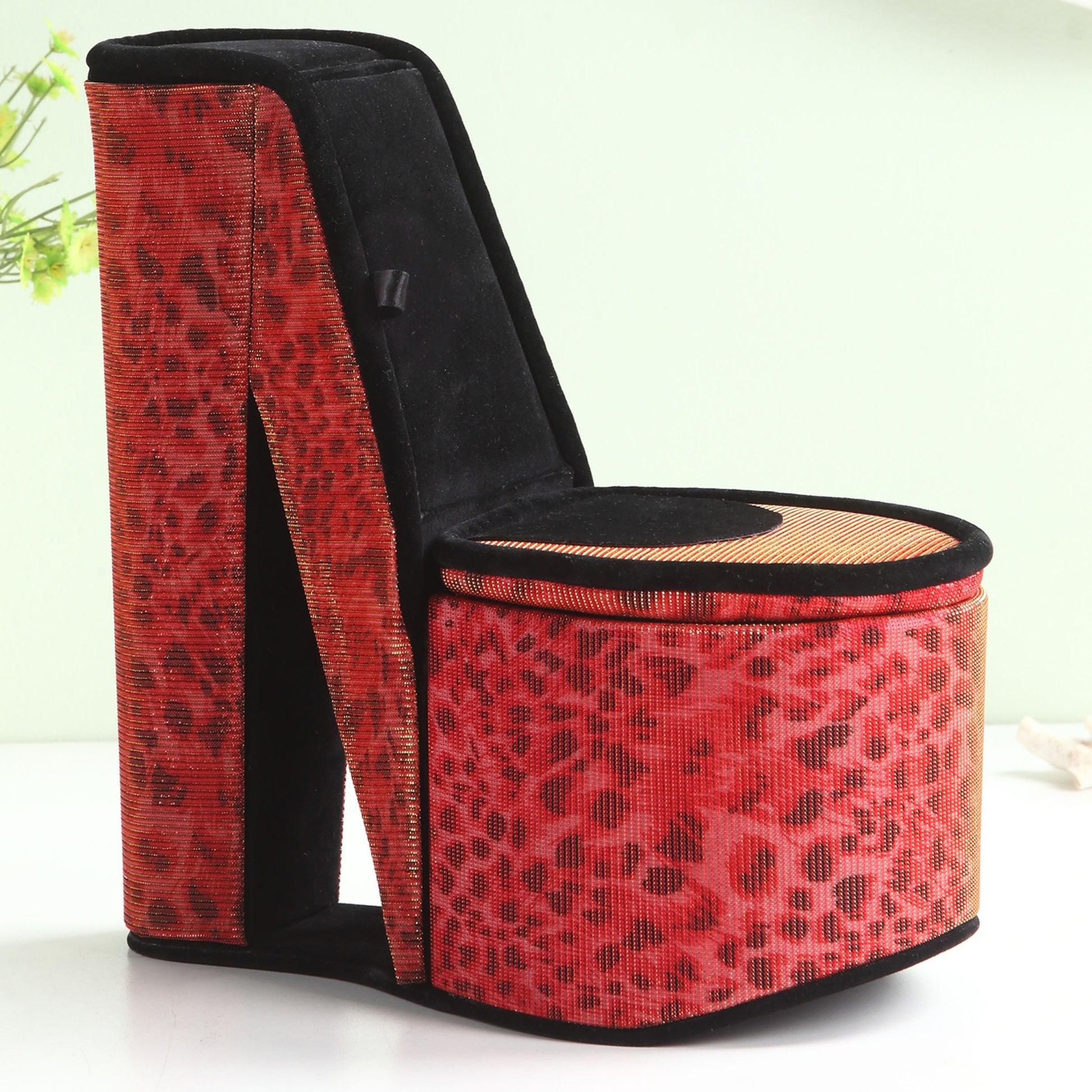 9" Tall Display Jewelry Box With Hidden Storage, High Heel Shoe Design, Leopard Print Multicolor Pu