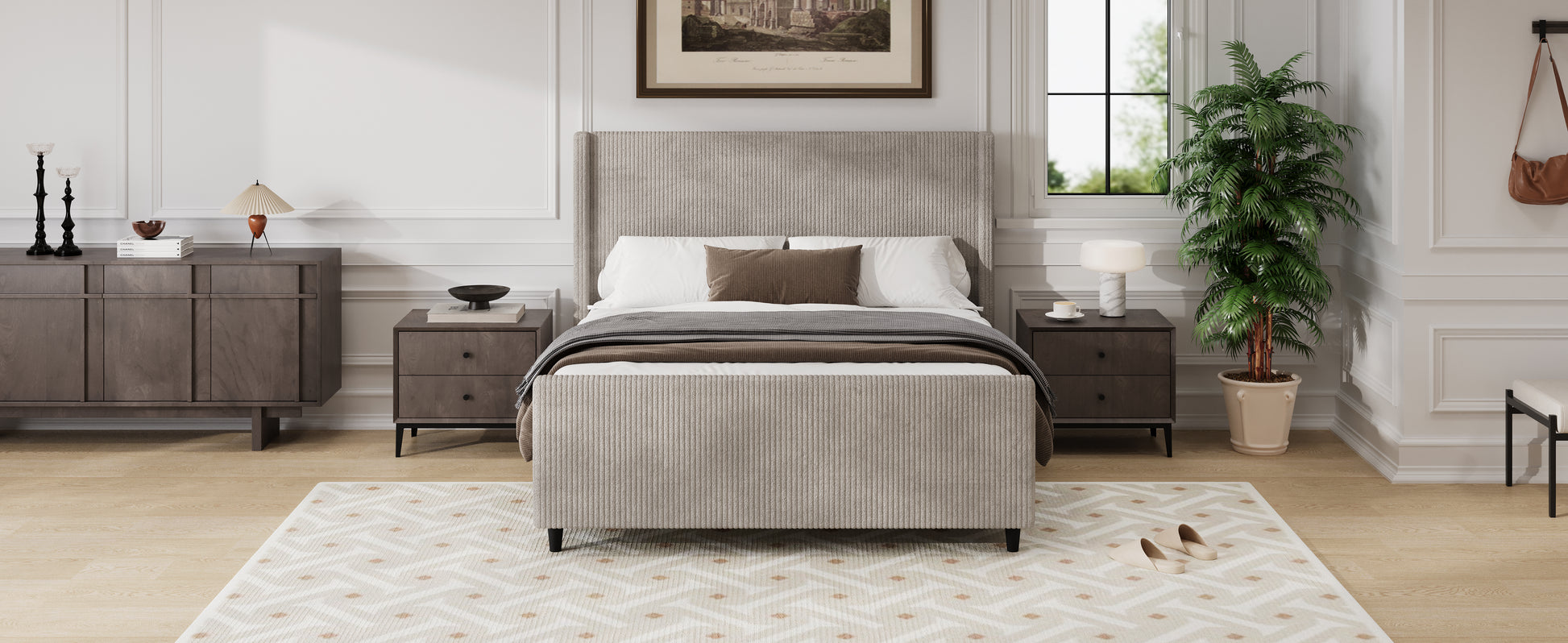 50.7'' High Headboard Corduroy Upholstered Bed Frame With Vertical Stripe Wingback And High Footboard No Box Spring Needed, Queen Size, Taupe Box Spring Not Required Queen Taupe Wood Bedroom Modern Bed Frame Wood