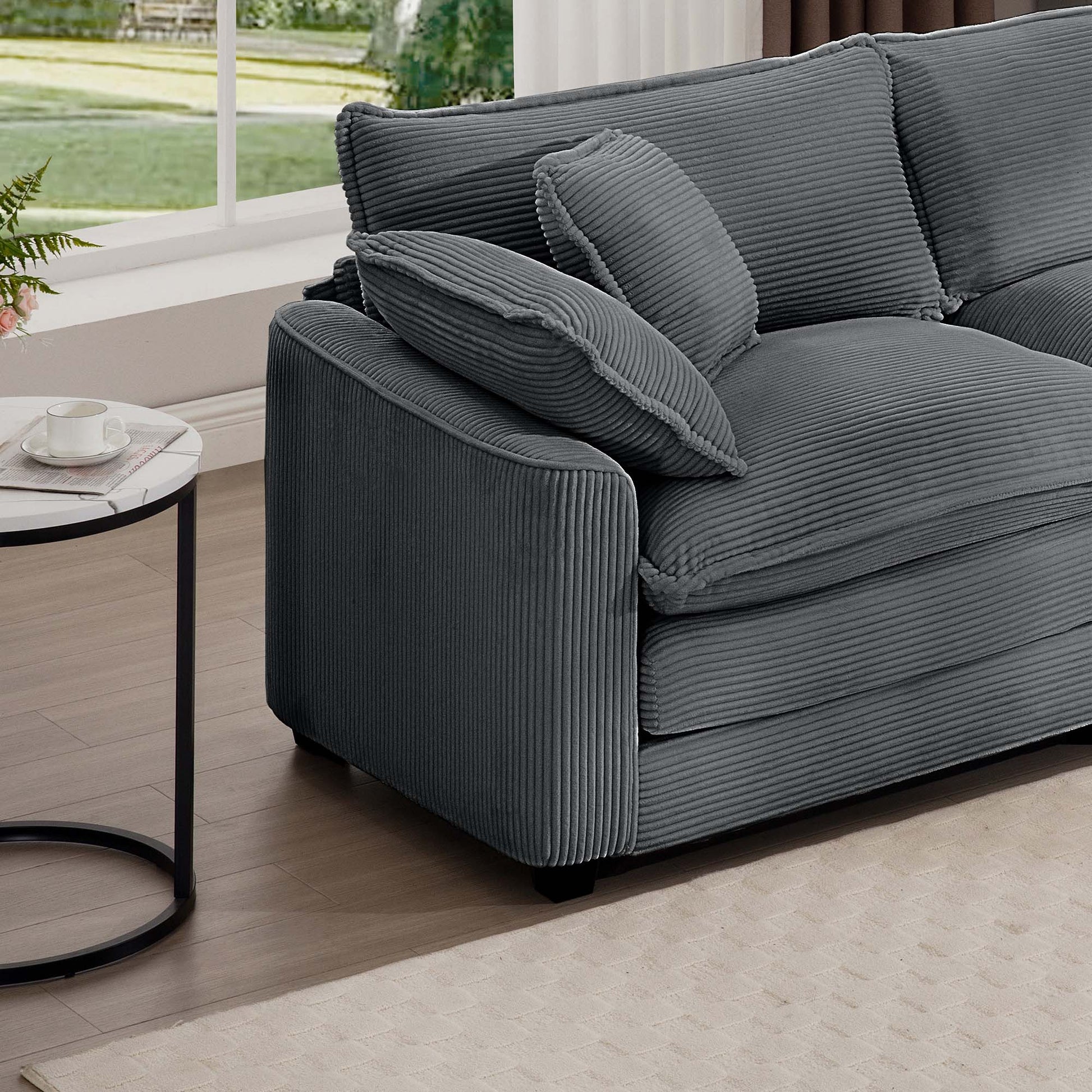Mid Century Modern Sectional Sofa 3 Seater Sectional Sofa With 2 Arm Pillows And 3 Pillows, Living Room Sectional Grey Corduroy Fabric Grey Corduroy 3 Seat