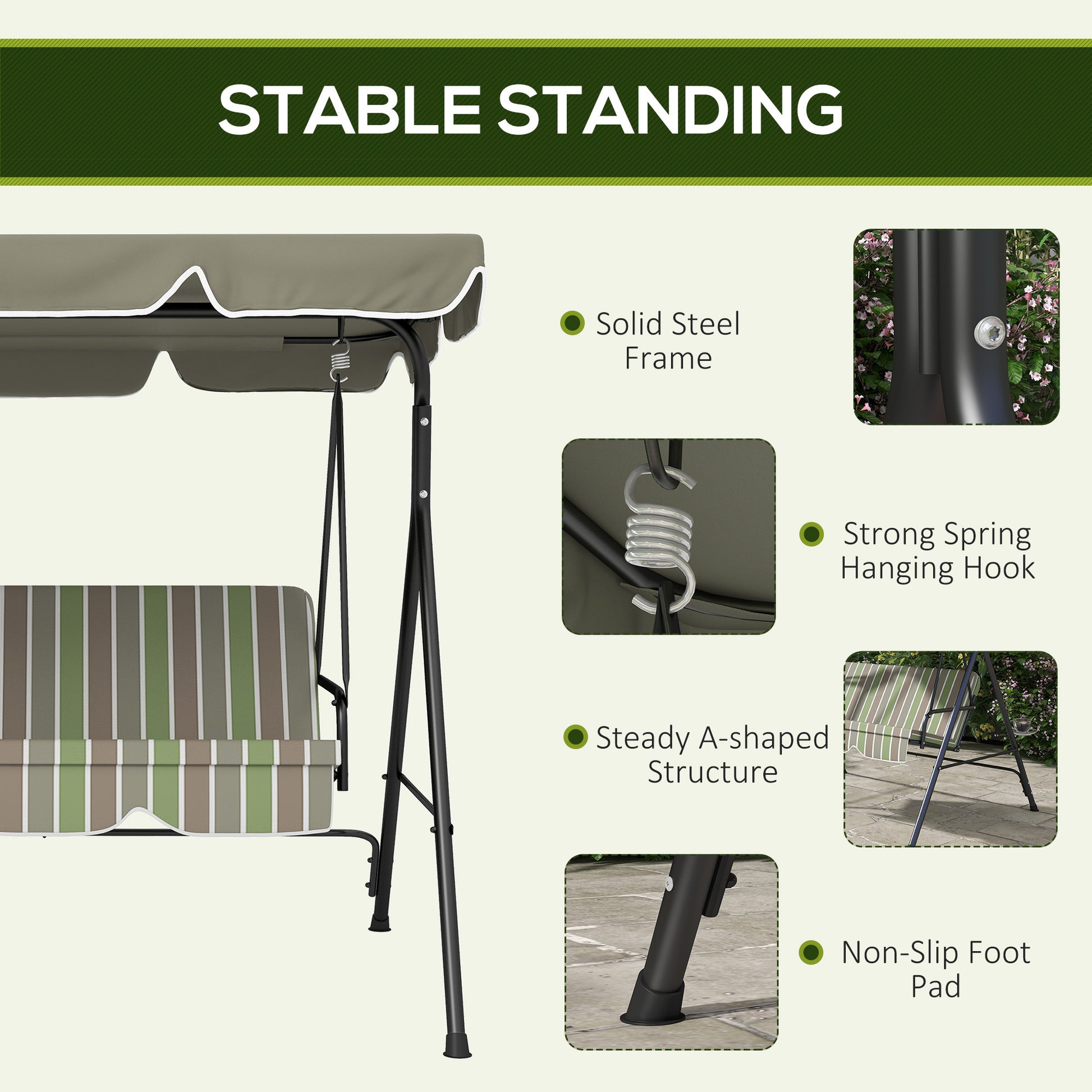 Outsunny 3 Seat Outdoor Patio Swing Chair With Removable Cushion, Steel Frame Stand And Adjustable Tilt Canopy For Patio, Garden, Poolside, Balcony, Backyard, Beige & Green Multicolor Steel