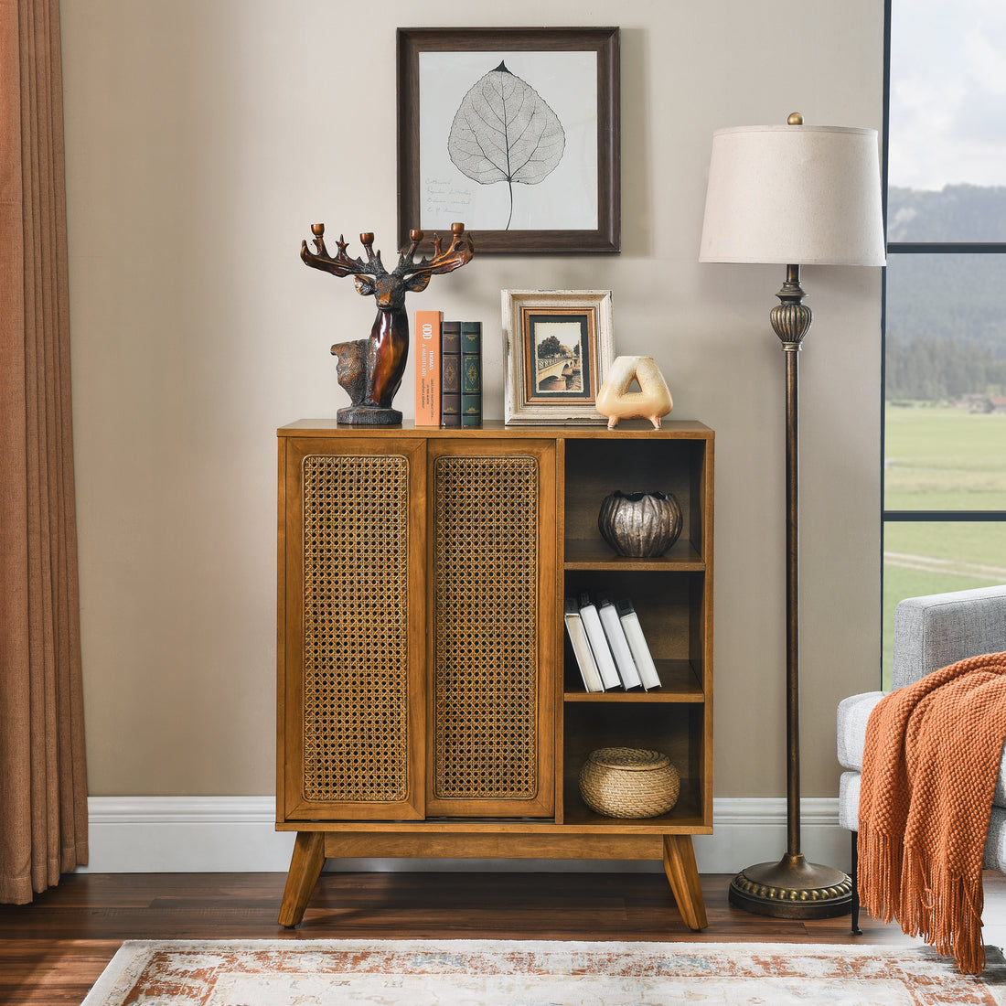 Mid Century Modern Rattan Sideboard Cabinet, Buffet Cabinet For Entryway Hallway Living Room Kitchen Dining Room Bedroom, Adjustable Shelf & Solid Wood Feet & Rattan Cabinet Doors Light Wood Walnut Mdf