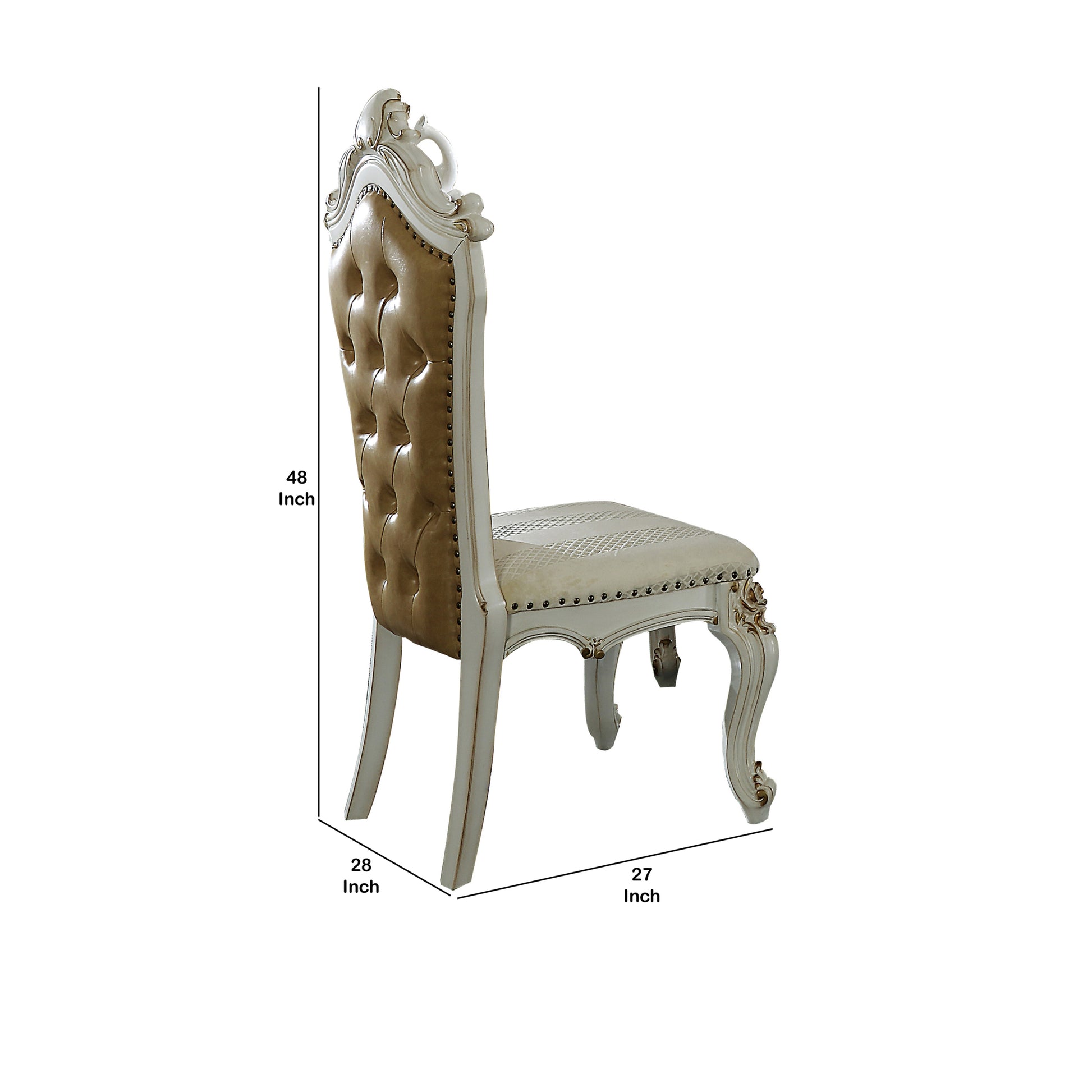 Button Tufted Wooden Side Chairs, Set Of 2,White And Brown Beige White Wood Fabric