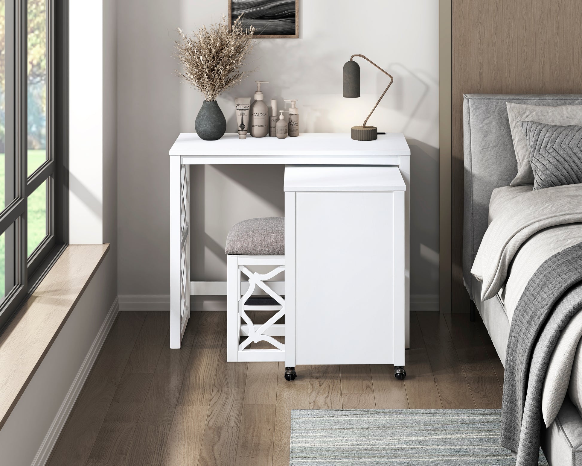 Desks And Stool Set 3Pc White Finish Rolling Desk With Casters, 2 Charging Ports Home Office Furniture White Computer Desk Primary Living Space Contemporary Desk Rectangular Wood