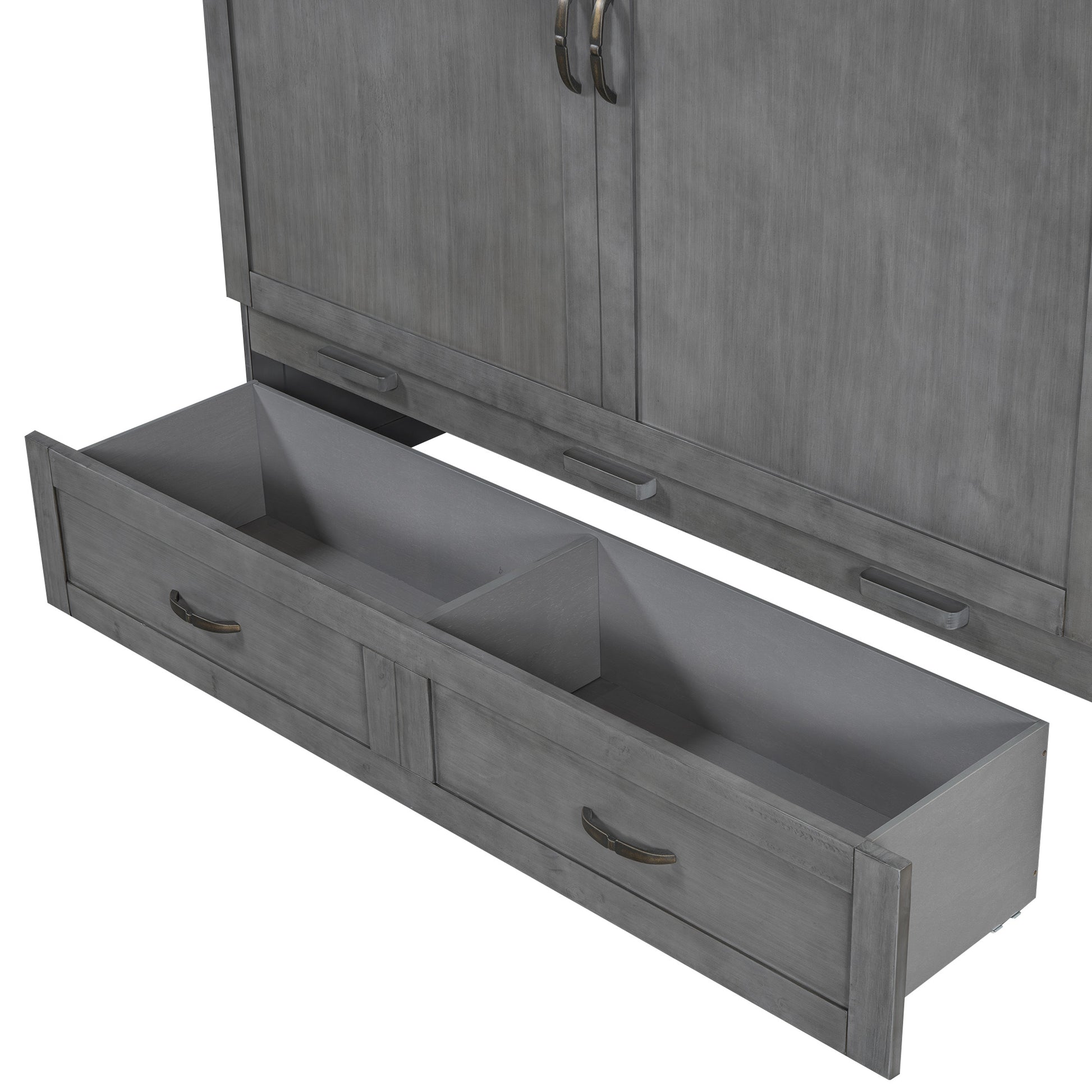 Queen Size Murphy Bed With Usb Ports, Large Drawers And Metal Handles, Antique Grey Queen Gray Solid Wood Mdf