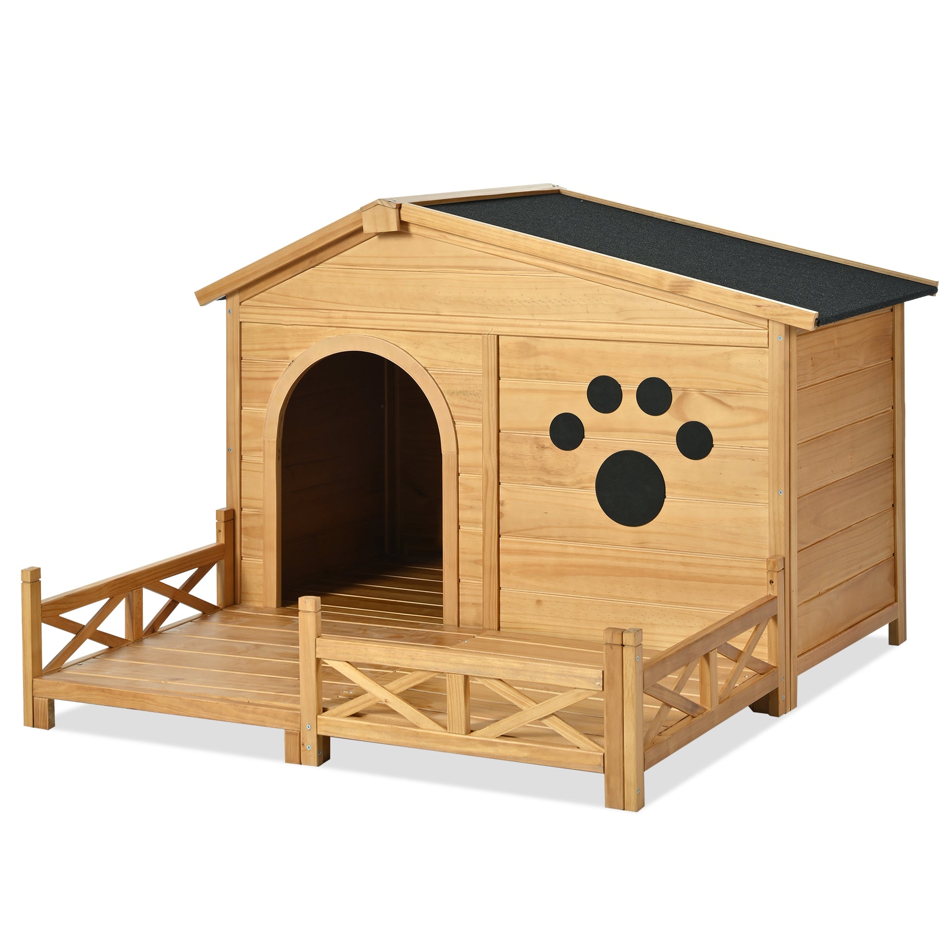 48" Wooden Dog House Outdoor With Porch, Dog Kennel With Water Resistant Asphalt Roof And Fencing,Indoor & Outdoor Dog Crate With Paw Print, Medium, Nature Natural Outdoor Kennel Medium 26 40 Lbs