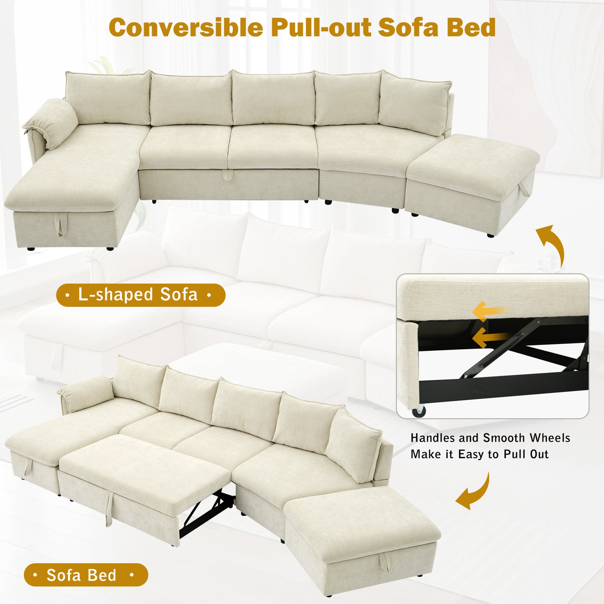 146.9" L Shaped Sofa Sectional Sofa Couch Pull Out Sofa Bed With A Movable Storage Ottoman, A Storage Chaise Lounge And Two Usb Ports For Living Room, Beige Beige Foam Linen 5 Seat