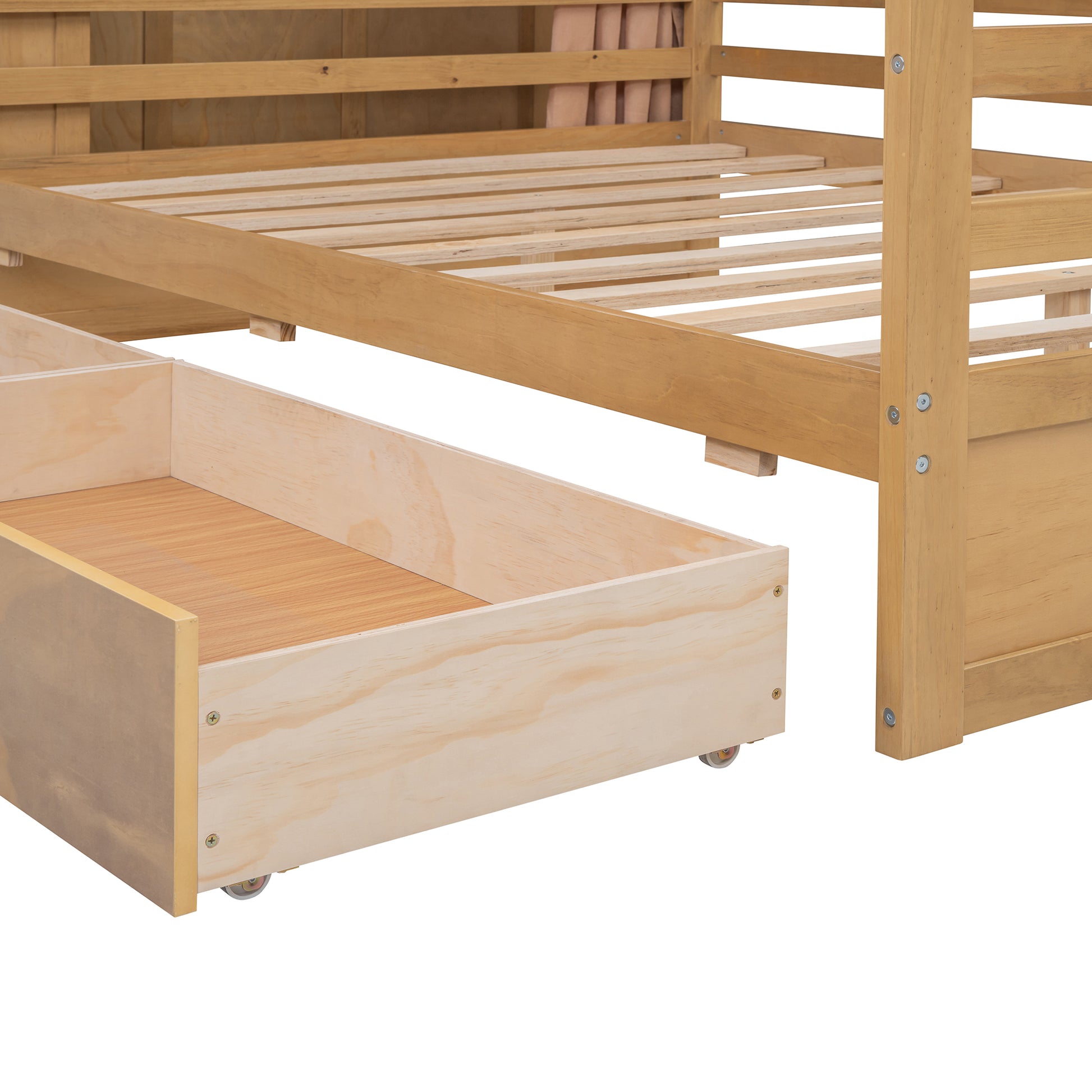 Full Size House Bed With Two Drawers And Wardrobe,Natural Full Natural Solid Wood