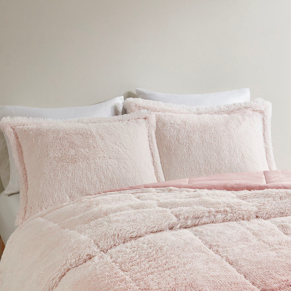 Ombre Shaggy Long Fur Comforter Mini Set Twin Blush Polyester