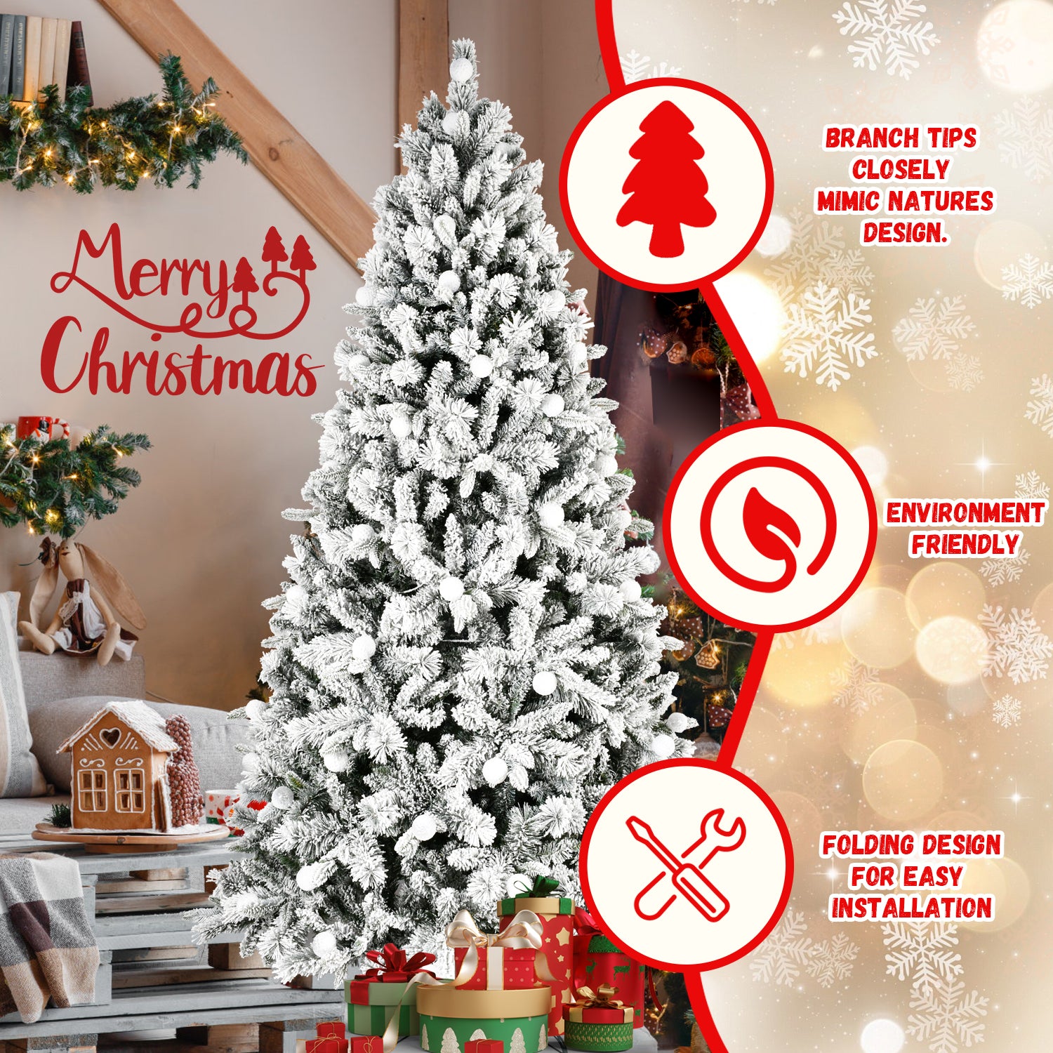 8Ft Pe Pvc Floceked Christmas Tree With Easy Power & Memory Wire Technology, 470 Dual Color Leds With 10 Function, G45 Bulbs, And 1793 Tipsinnovative Holiday Experience Green,White Polyethylene