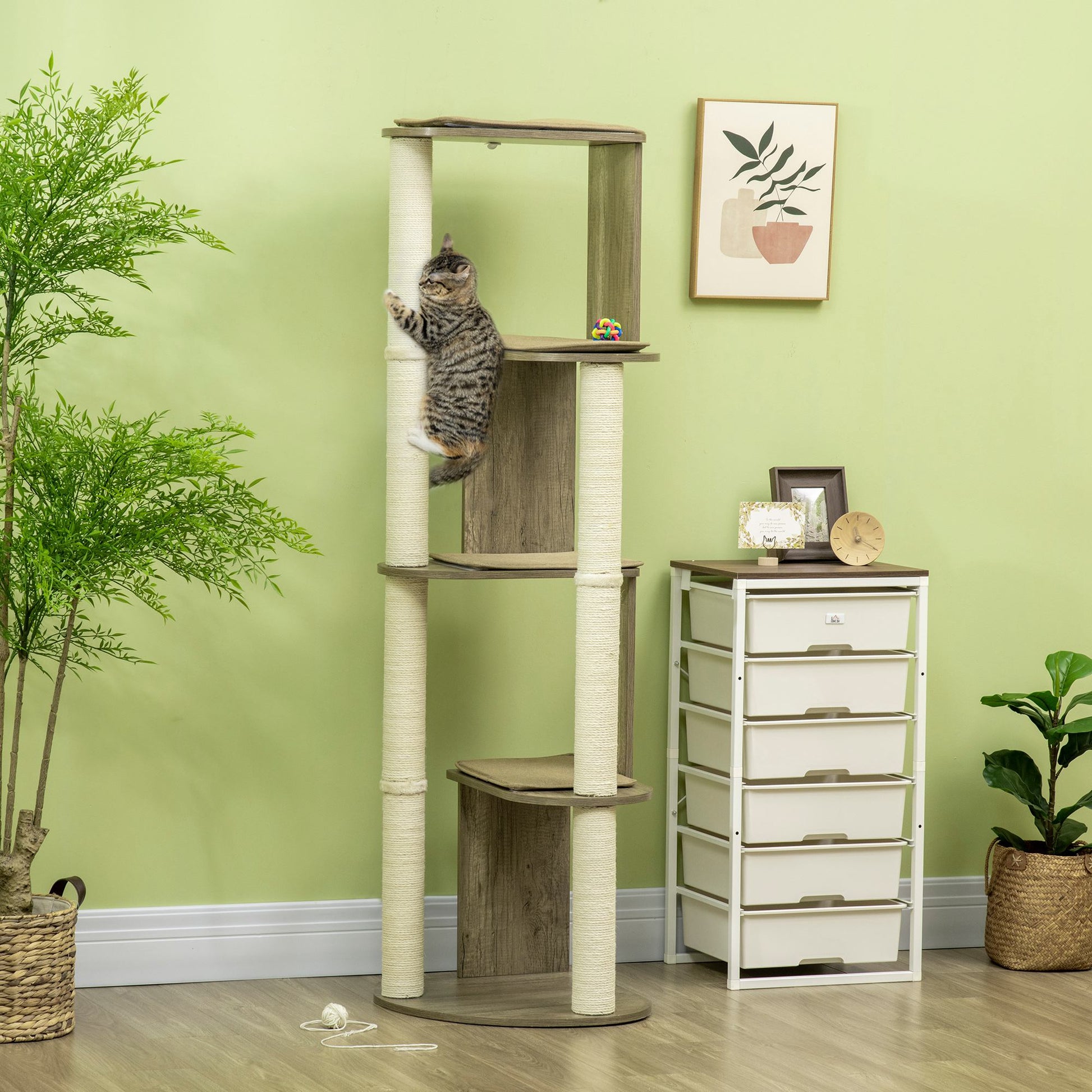 Pawhut 65" Corner Modern Cat Tree Tall For Climbing, Large Multilevel Cat Tower With Scratching Posts, Small Fit Kitten Tower With Sisal, Cream White Cream White Particle Board