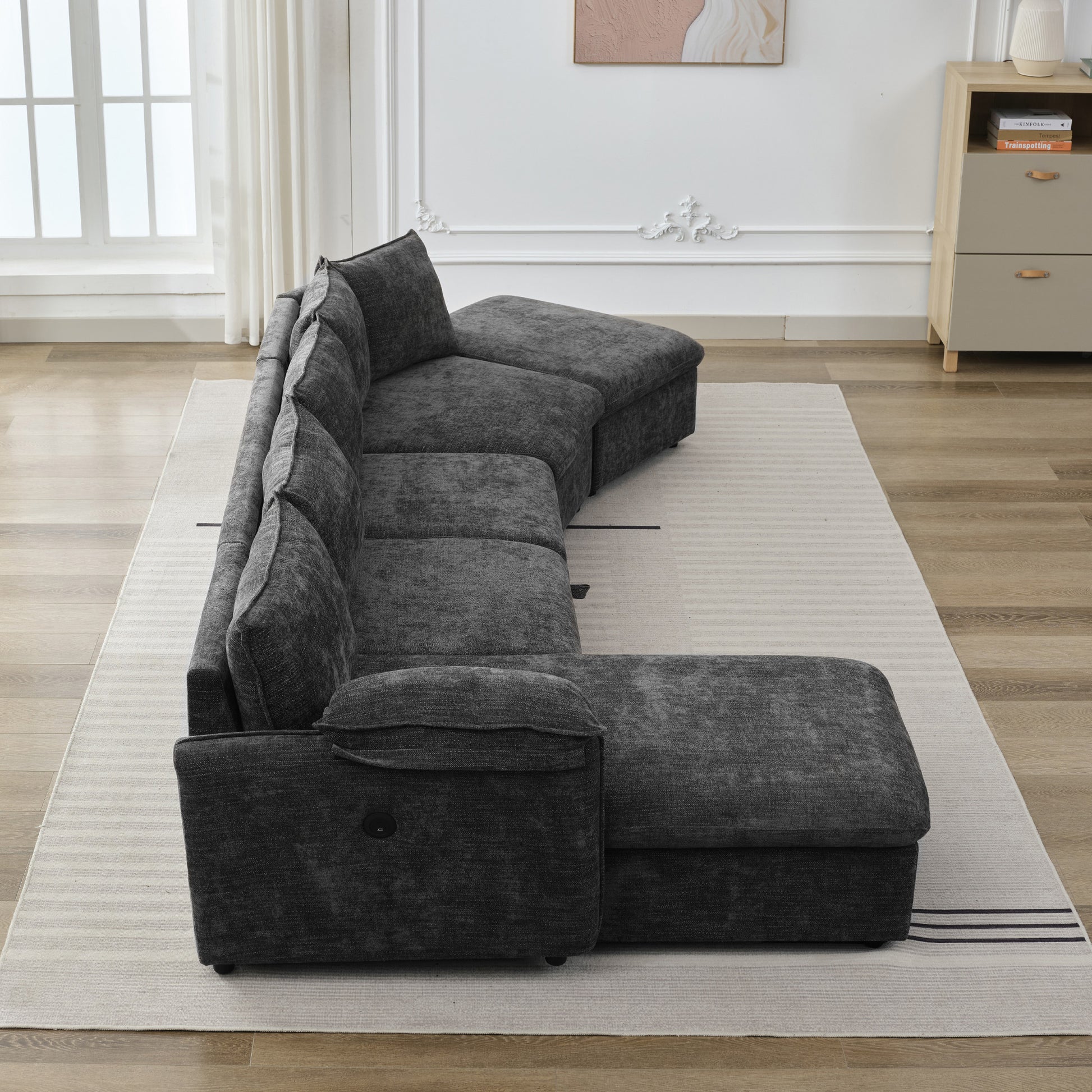 146.9" L Shaped Sofa Sectional Sofa Couch Pull Out Sofa Bed With A Movable Storage Ottoman, A Storage Chaise Lounge And Two Usb Ports For Living Room, Grey Grey Foam Linen 5 Seat