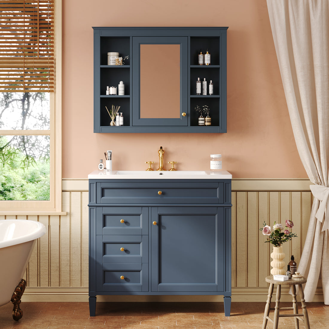 36'' Bathroom Vanity With Medicine Cabinet, Royal Blue Mirror Cabinet, Modern Bathroom Storage Cabinet With 2 Soft Closing Doors And 4 Drawers, Single Sink Bathroom Vanity 4 Blue 2 5 Bathroom Wall Mounted Solid Wood Mdf Resin Painted