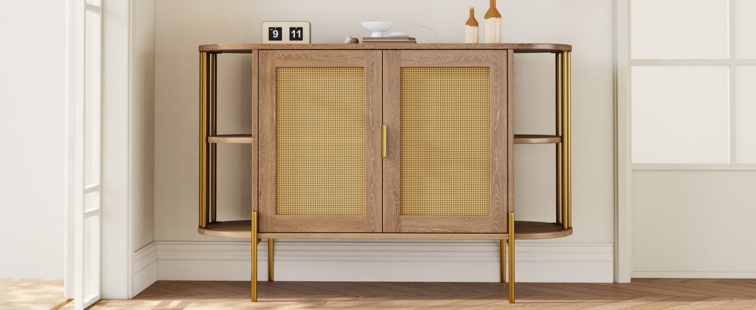 2 Door Elegant Curved Dining Cabinet With Gold Trim And Woven Rattan Doors For Dining Room Natural Natural Particle Board