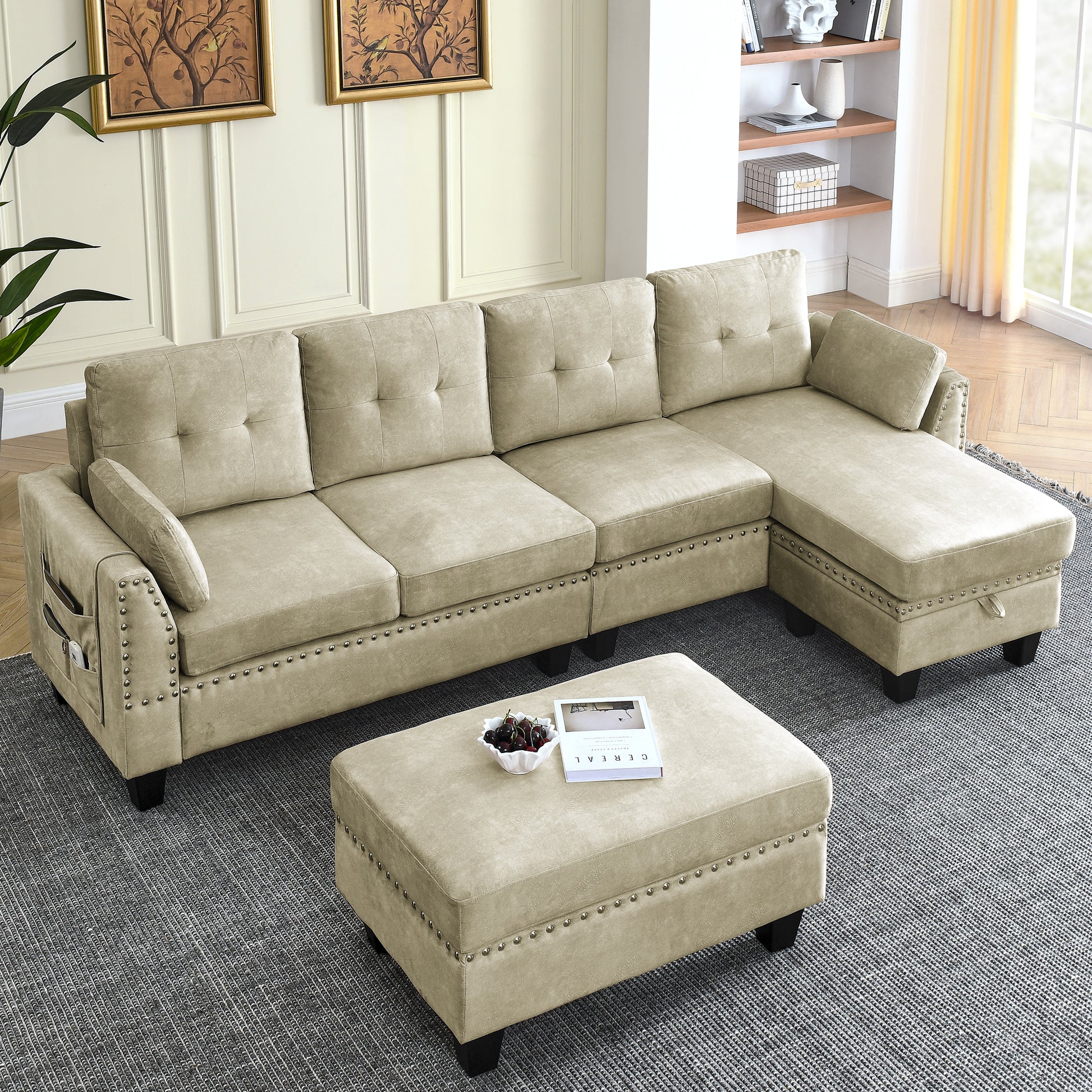 Sectional 3 Seaters Sofa ,Double Sided Multi Functional Footstool, Storage Matnon Slip Leg, Two Pillows, Velvet,Beige Beige Velvet 3 Seat