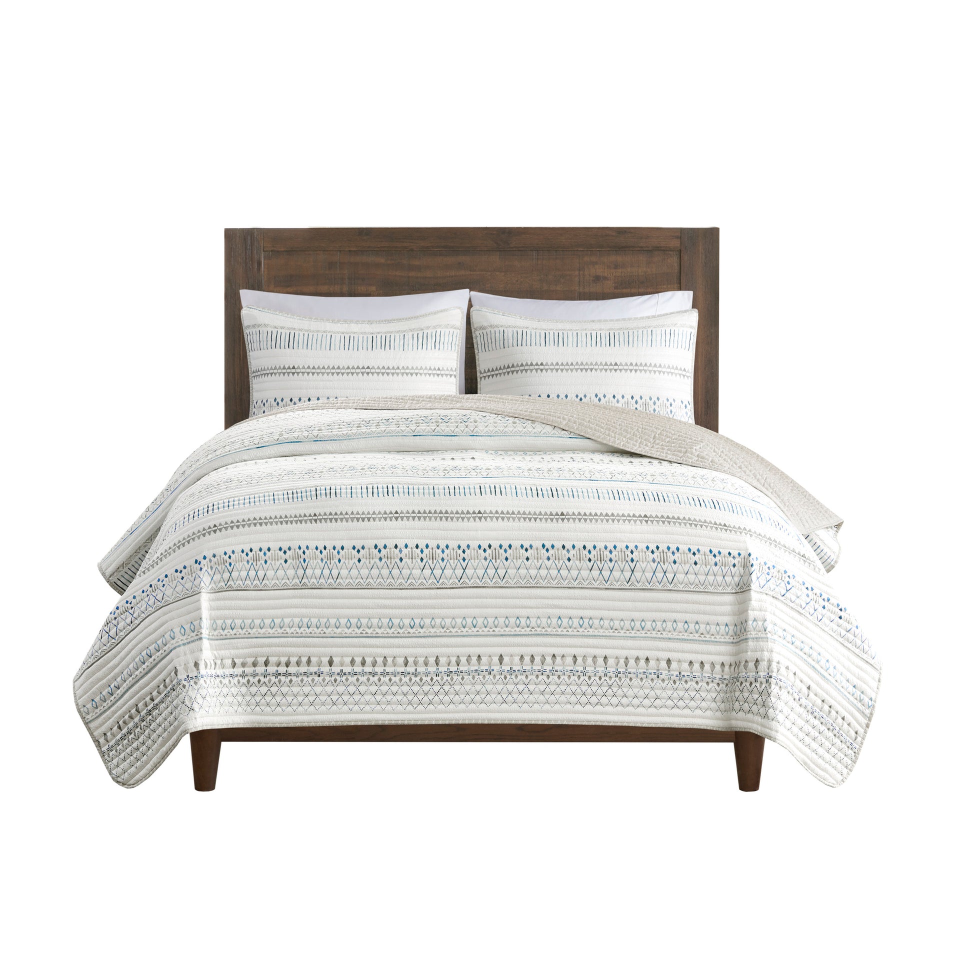 3 Piece Printed Microfiber Seersucker Quilt Set Taupe Blue Full Queen Full Taupe Blue Polyester