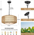 Farmhouse Chandelier Light Fixture,4 Light Rattan Boho Chandeliers For Dining Room With Fabric Shade,Hand Woven Large Rattan Dining Room Light Fixture For Kitchen Bedroom Island Hallway Brown Rattan Metal