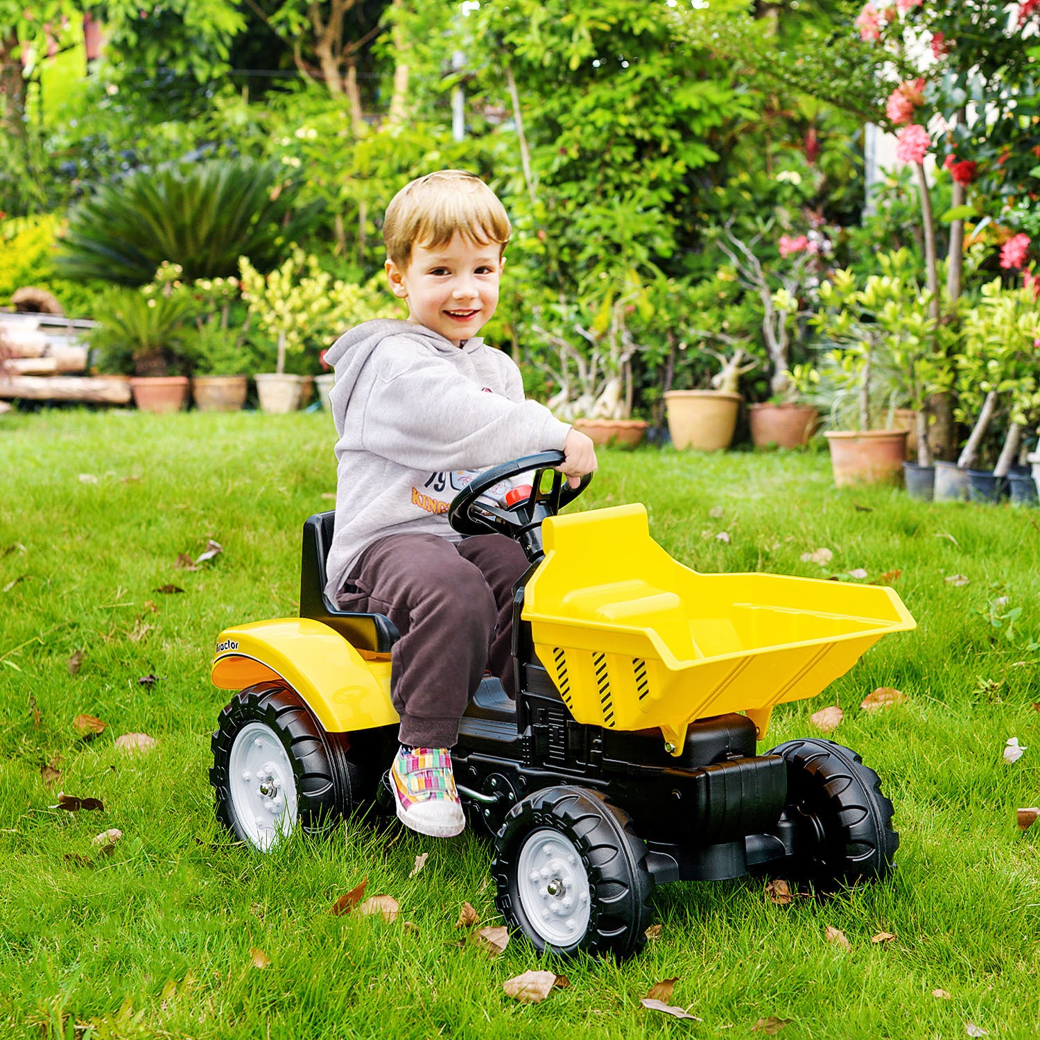 Aosom Ride On Excavator With Manual Control Bucket, No Power Ride On Tractor Pedal Car Pretend Play With Forward Backward, For Aged 3 6 Years Old, Yellow Yellow Iron Plastic