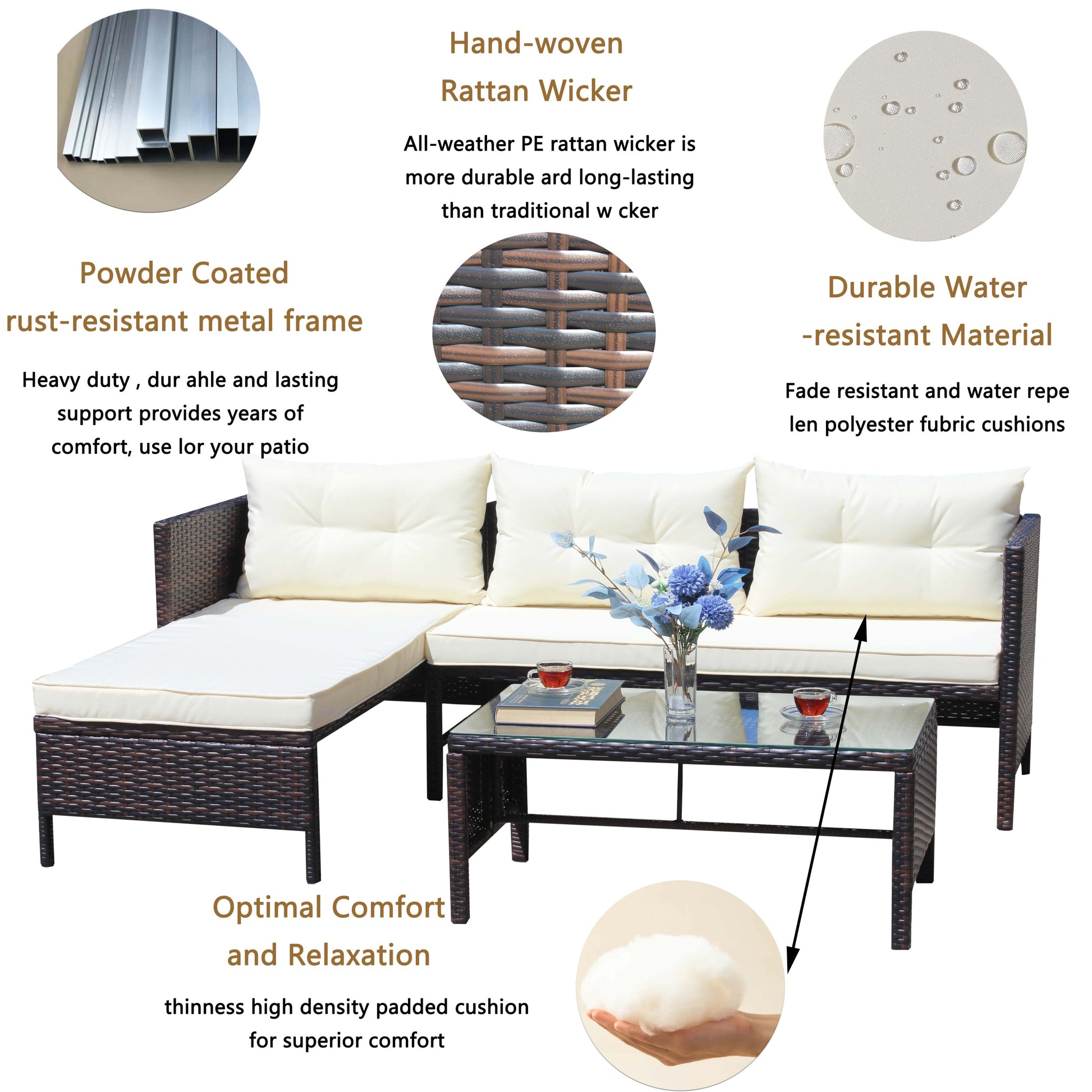 Outdoor Patio Furniture Sets 4 Piece Conversation Set Wicker Ratten Sectional Sofa With Seat Cushions Beige Cushion Brown Pe Rattan Iron