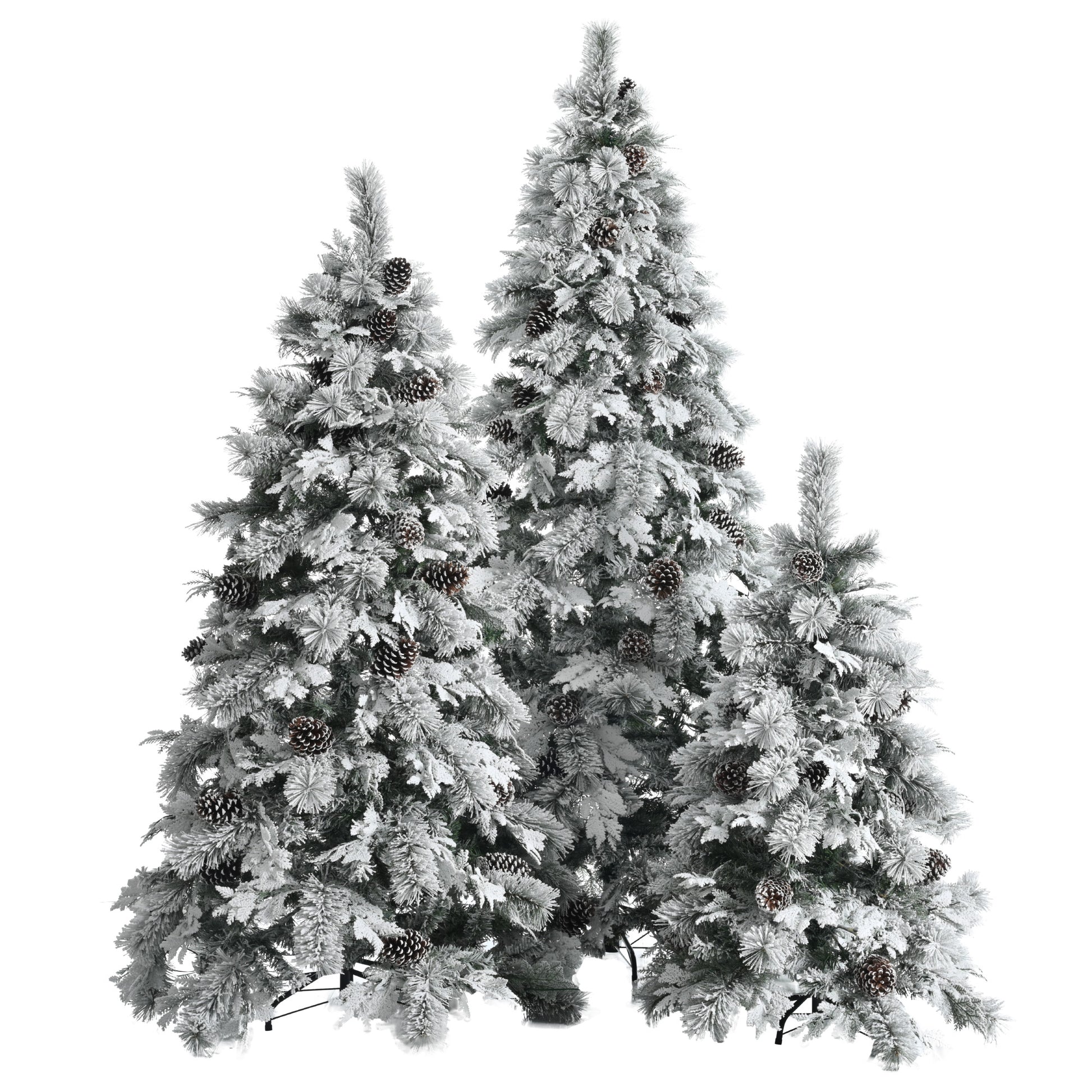 Pre Lit Spruce Snow Flocked Xmas Tree Set 4Ft, 6Ft, 7.5Ft With Pine Cones, Pe & Pvc Mixed Leaves, Artificial Hinged Xmas Tree With 820 Led Lights & 11 Flashing Modes, Perfect For Holiday Decoration White Green Polyethylene,Pvc