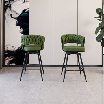 Bar Chair Linen Woven Bar Stool Set Of 2, Black Legs Barstools No Adjustable Kitchen Island Chairs,360 Swivel Bar Stools Upholstered Bar Chair Counter Stool Arm Chairs With Back Footrest, Green Green Foam Linen
