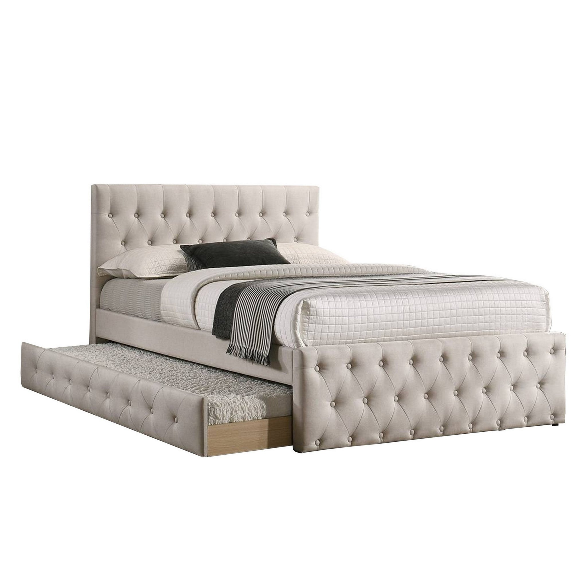 Nek Wood Twin Size Upholstered Bed With Trundle, Tufted, Taupe Burlap Frame Twin Taupe Mdf