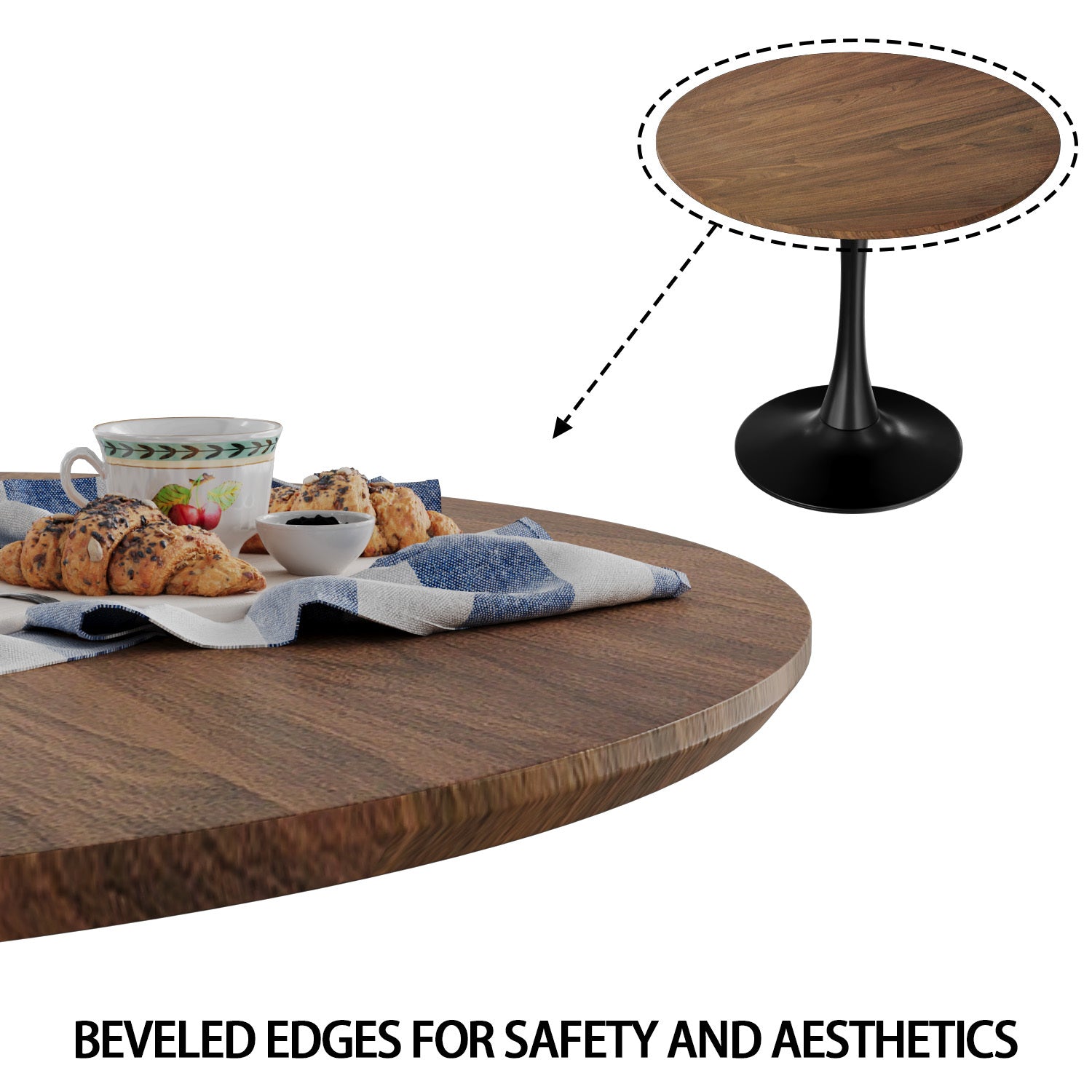 Walnut Circular Dining Table, 31.5 "Tulip Dining Table, Kitchen Dining Table For 2 4 People, Mdf Tabletop And Base, And 2 Gray Pu Black Metal Leg Dining Chairs Set 2 Walnut Mdf