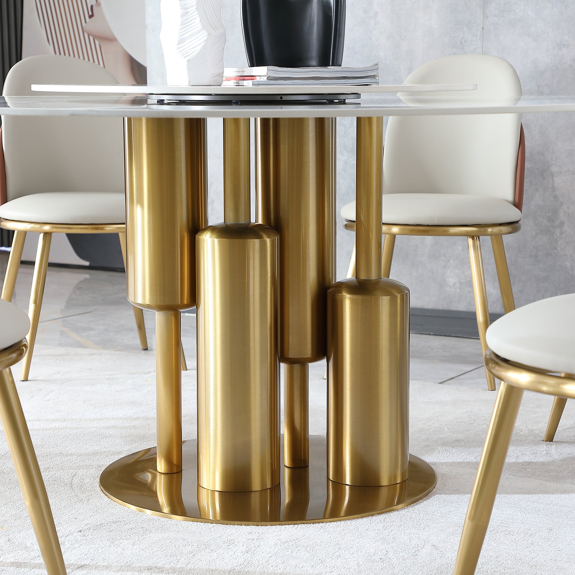 Modern Marble Dining Table, 59" Round Sintered Stone Table For Dining Room, Kitchen, Dinette, Compact Space With Lazy Susan Table Only Gold,Gold White Dining Room American Design,Luxury,Modern