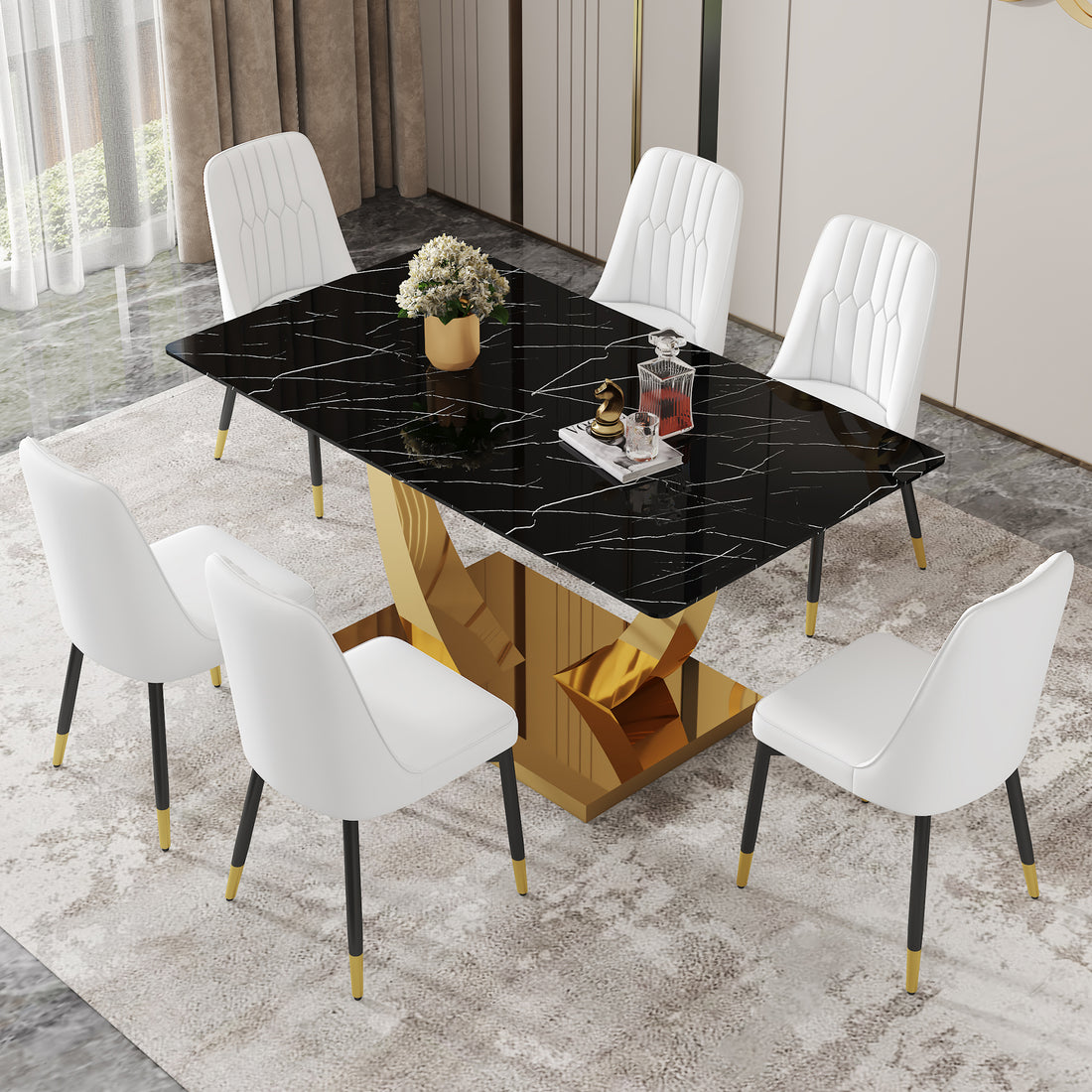 Table And Chair Set.Modern Rectangular Dining Table With Black Textured Stickers Glass Tabletop And Gold Plated Metal Legs.Paried With 6 Comfortable Chairs With Pu Seats And Black Metal Legs. Black Gold,White Seats 6 Glass Metal