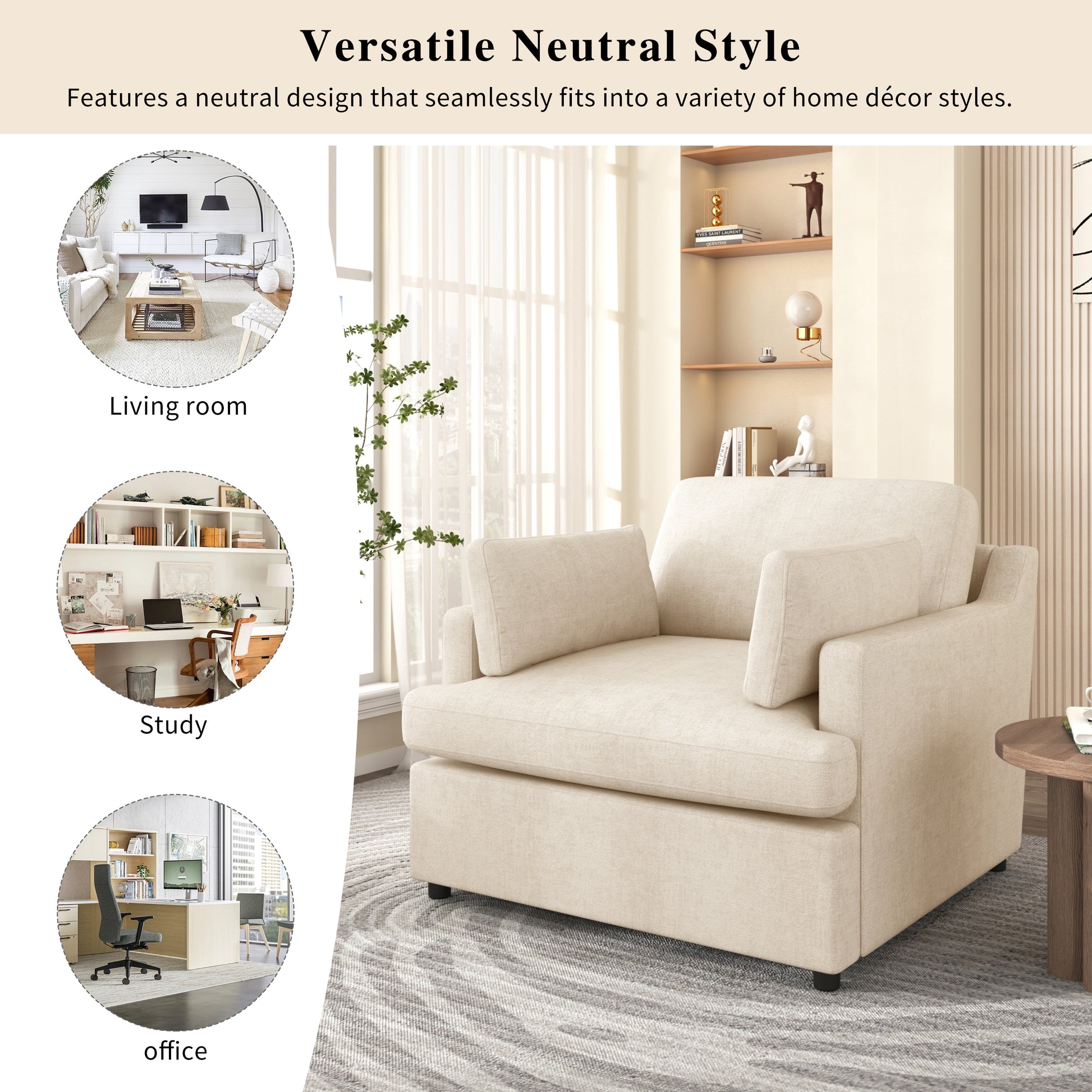 Mirod Oversized Accent Chair Comfortable Armrest Cushions, Versatile Neutral Style, Elegant Design, Durable Frame Beige Polyester