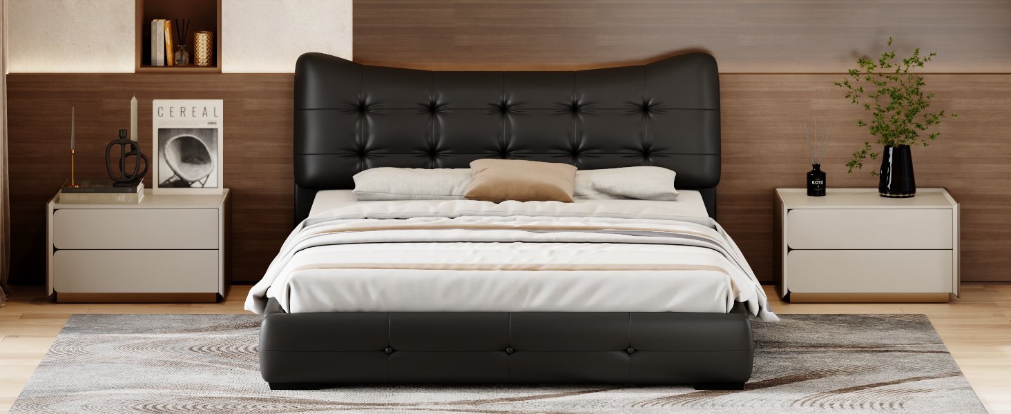 Modern Pu Upholstered Queen Bed With Ergonomic Wingback Headboard, No Box Spring Needed, Black Box Spring Not Required Queen Black Composite Bedroom Contemporary Bed Frame Pu,Upholstered
