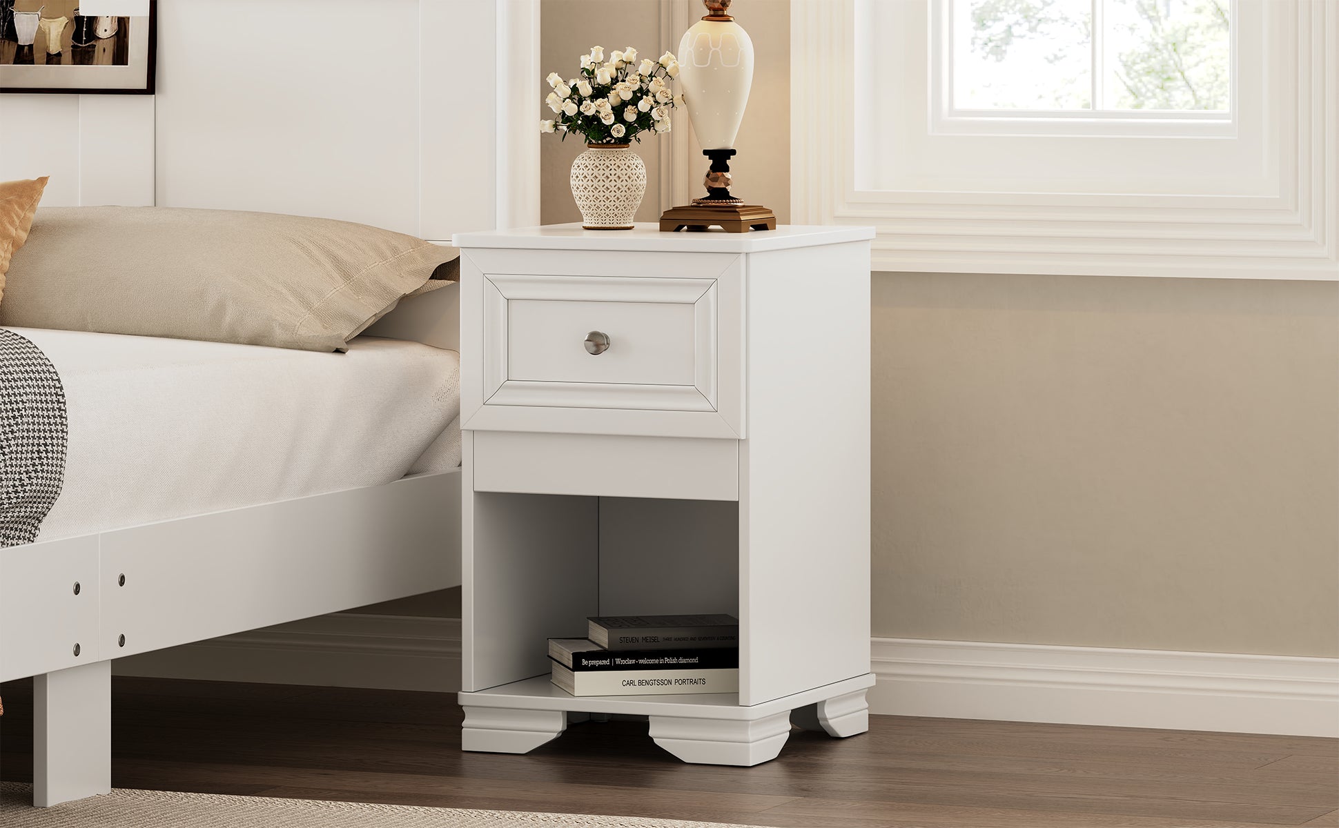 Elegant Design Nightstand With Drawer And Open Shelf For Bedroom, Retro Style Bedside Table With Classic Design And Metal Handle,White White Wood