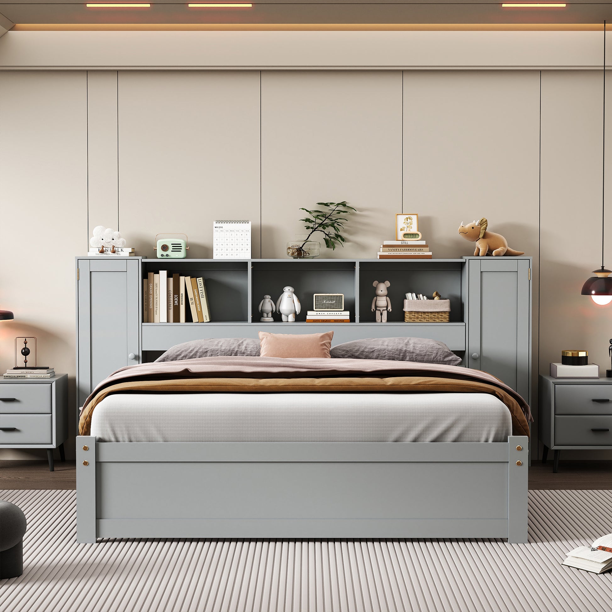 Full Size Platform Bed With Storage Headboard And Lockers, Gray Full Box Spring Not Required Gray Wood Bedroom Solid Wood Mdf