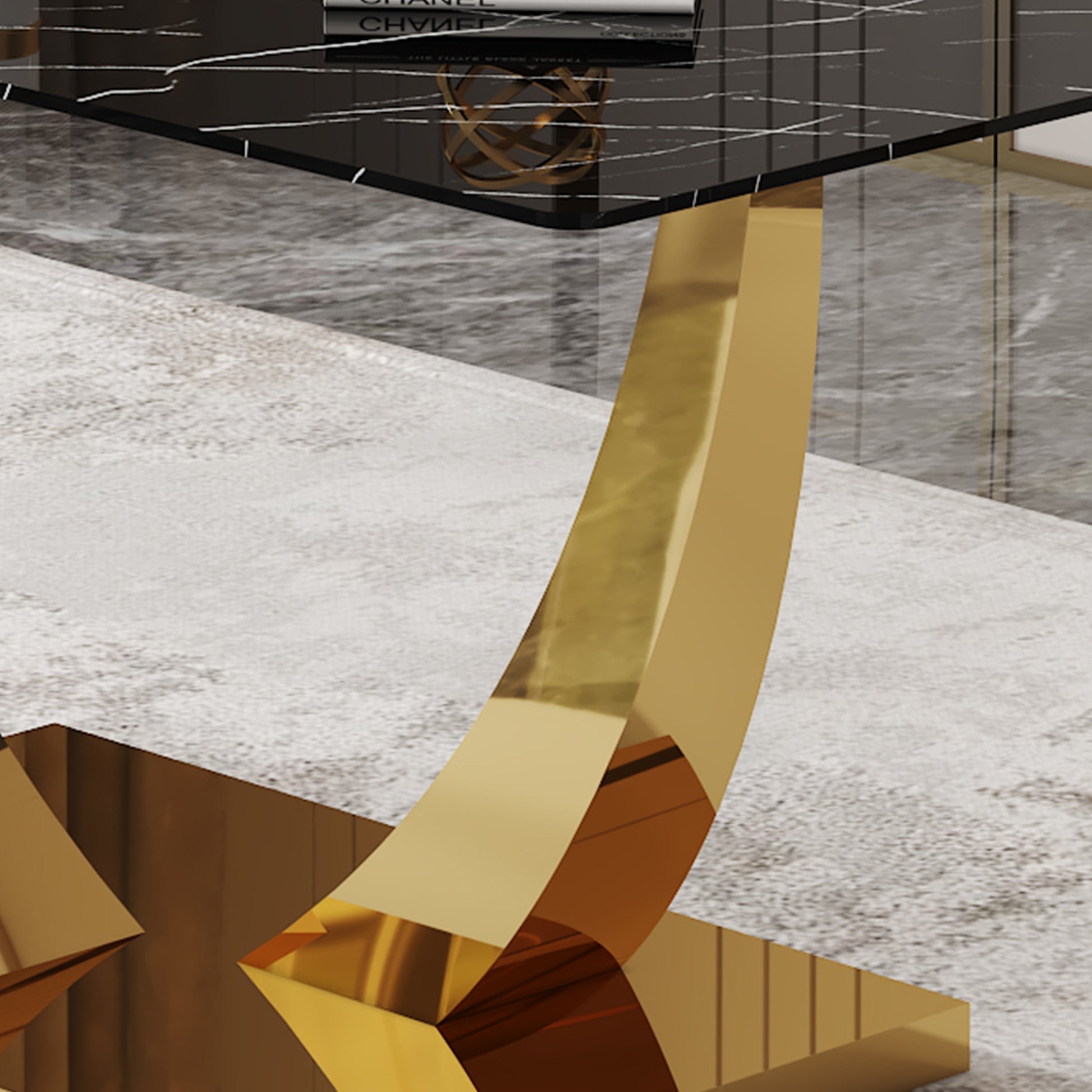 Table And Chair Set.Modern Rectangular Dining Table With Black Textured Stickers Glass Tabletop And Gold Plated Metal Legs.Paried With 6 Comfortable Chairs With Pu Seats And Golden Metal Legs. Gold,Light Gray Seats 6 Glass Metal