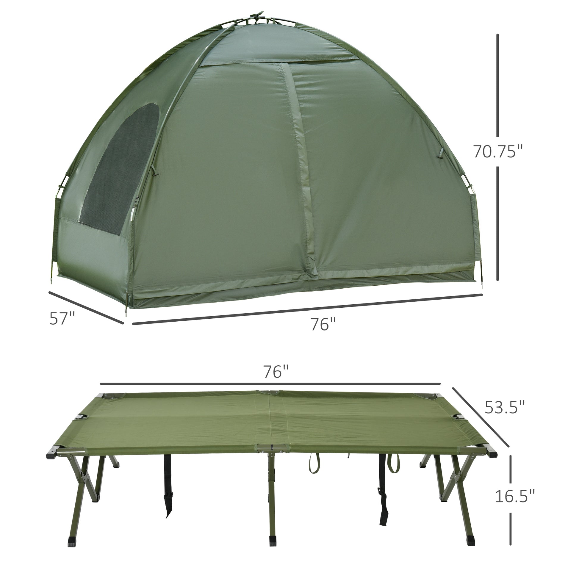 Outsunny 2 Person Foldable Camping Cot With Tent, Bedspread And Thick Air Mattress, 4 In 1 Elevated Camping Bed Tent For Outdoor Hiking, Picnic, Travel Dark Green Polyester