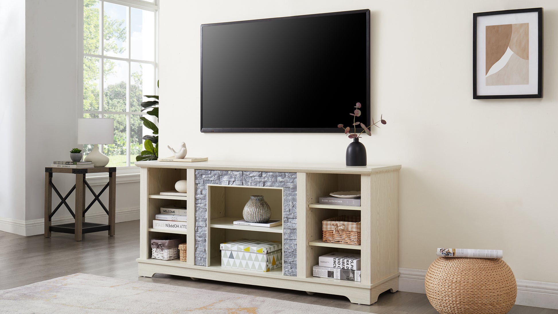 Mantel Stone Tv Media Stand With With Faux Stacked Stone Surround, Modern Entertainment Console With Open Storage Space,White, 58.31"W*15.39"D*26.06"H White 60 69 Inches Mdf