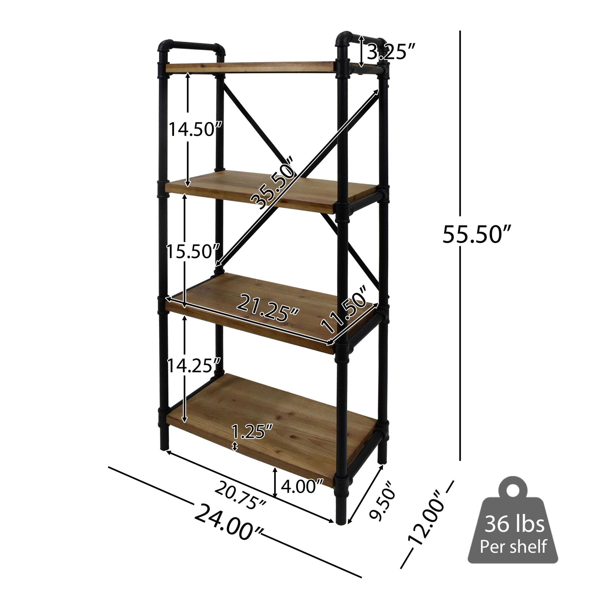 Metal Pipe Shelf With Fir Wood Black Metal & Wood