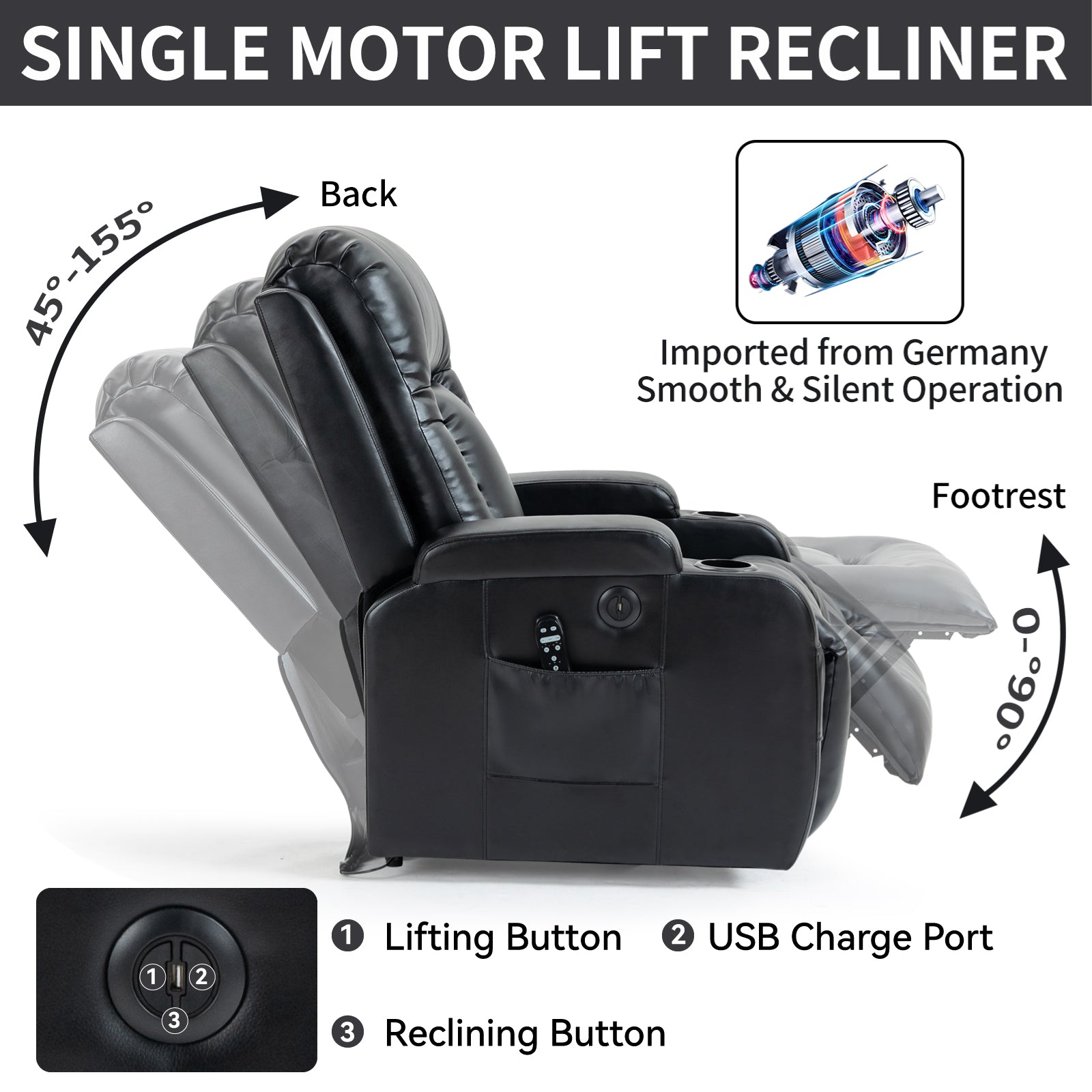 Infinite Position Up To 350 Lbs Power Lift Recliner Chair For Elderly, Heavy Duty Motion Mechanism With 8 Point Vibration Massage And Lumbar Heating, Usb Charging Port, Cup Holders, Black White Metal Primary Living Space Heavy Duty Pine Black Faux