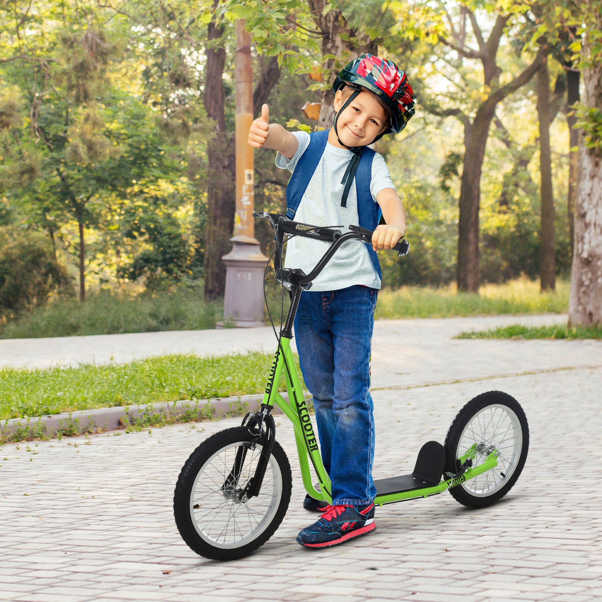 Aosom Youth Scooter Kick Scooter For Kids 5 With Adjustable Handlebar 16" Front And Rear Dual Brakes Inflatable Wheels, Light Green Green Iron Plastic