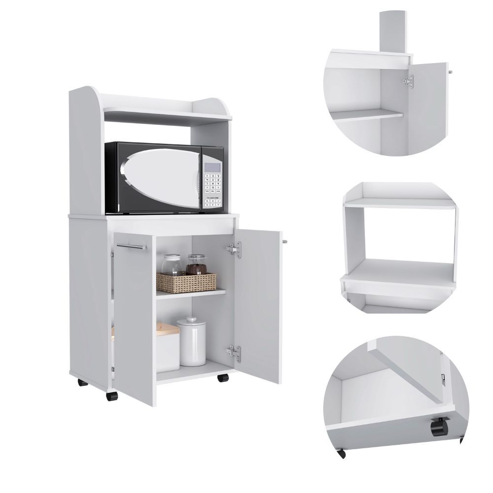 Kitchen Cart 49" H, Two Door Cabinet, One Open Shelf, Two Interior Shelves, White White Particle Board Particle Board