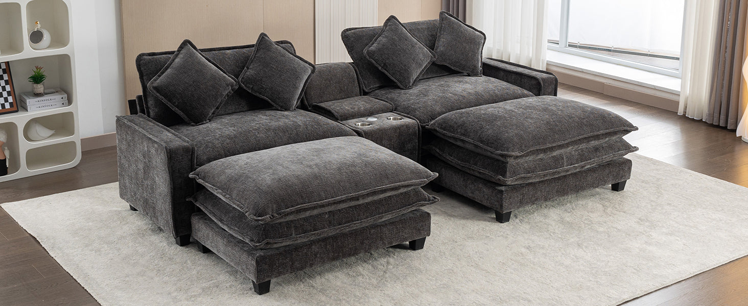 112.6" Sectional Sofa Chenille Upholstered Sofa With Two Removable Ottoman, Two Usb Ports, Two Cup Holders And Large Storage Box For Living Room, Black Black Foam Chenille 2 Seat