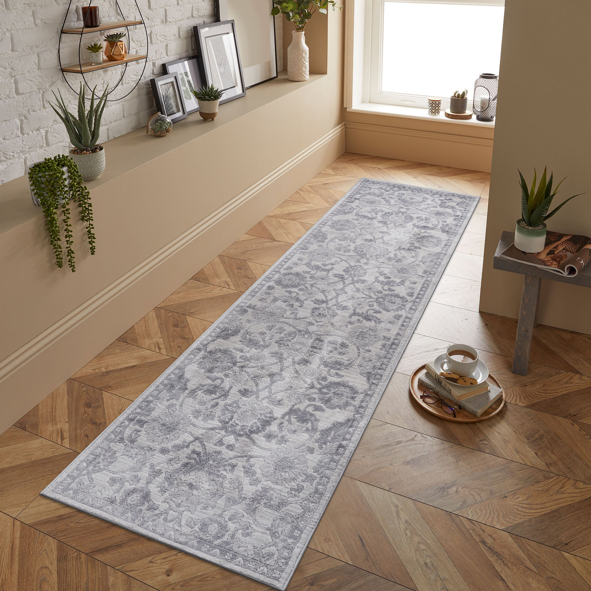 Naar Marfi Collection 2X8 Grey Silver Oriental Non Shedding Living Room Bedroom Dining Home Office Stylish And Stain Resistant Area Rug Grey Polyester