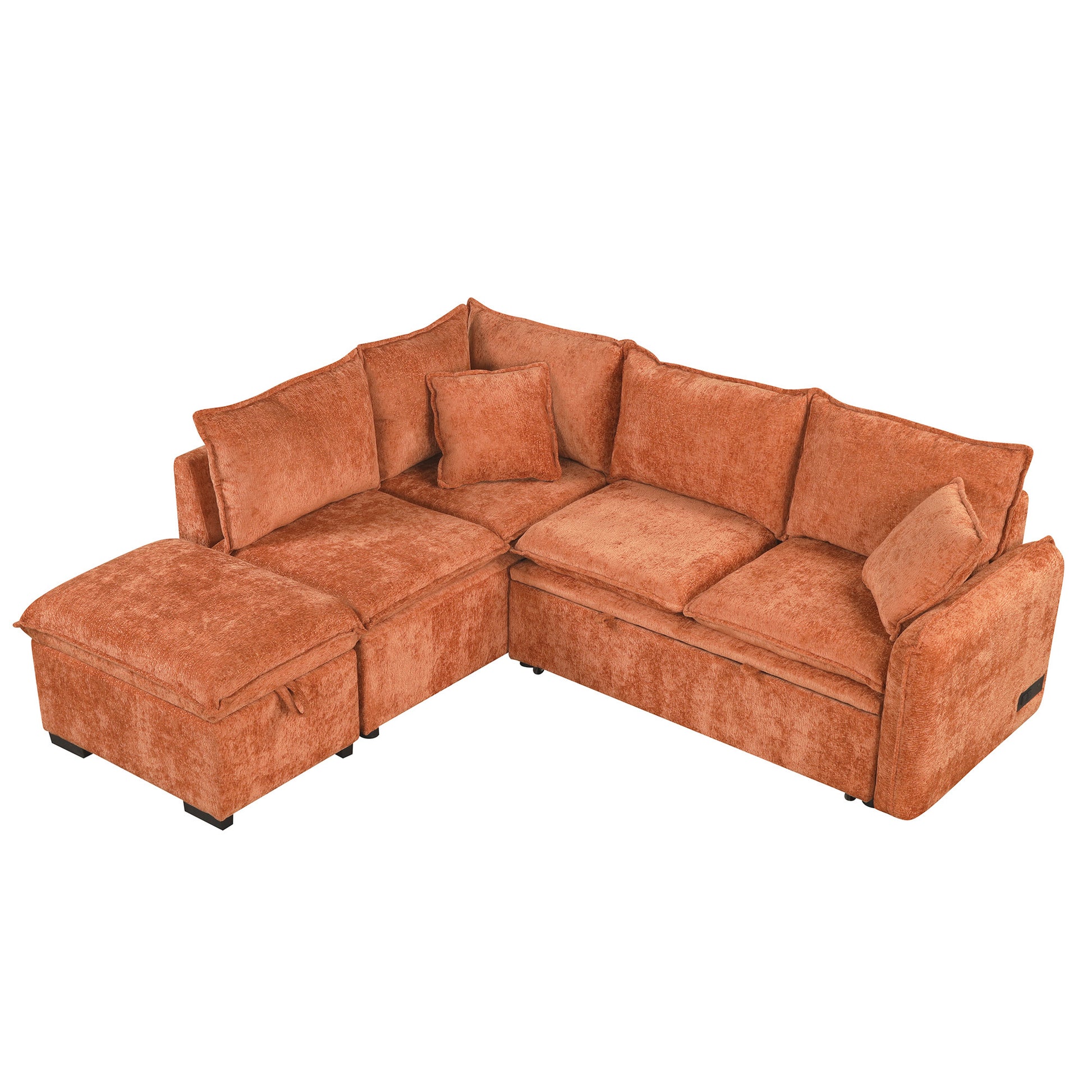 82.67"Convertible Sofa Bed Sectional Sofa Sleeper L Shaped Sofa With A Storage Ottoman,Two Pillows, Two Power Sockets And Two Usb Ports For Living Room, Orange Orange Foam Chenille 4 Seat