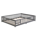 Queen Size Floor Bed With Door,Solid Wood Platform Bed Frame With Fence,Suitable For Children,Pine Wood,Gray Queen Gray Wood