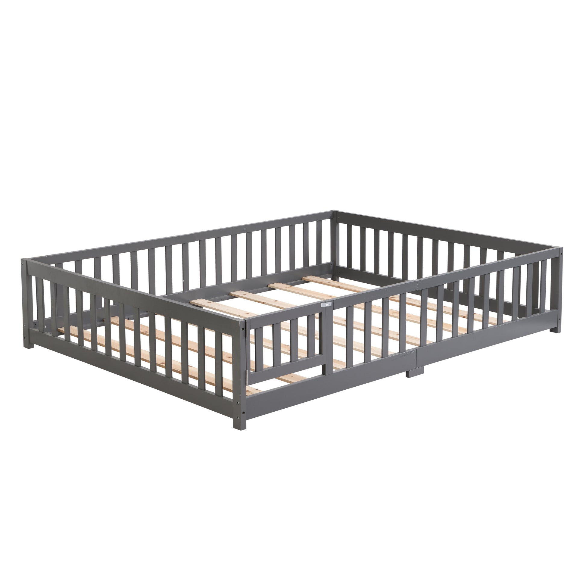 Queen Size Floor Bed With Door,Solid Wood Platform Bed Frame With Fence,Suitable For Children,Pine Wood,Gray Queen Gray Wood
