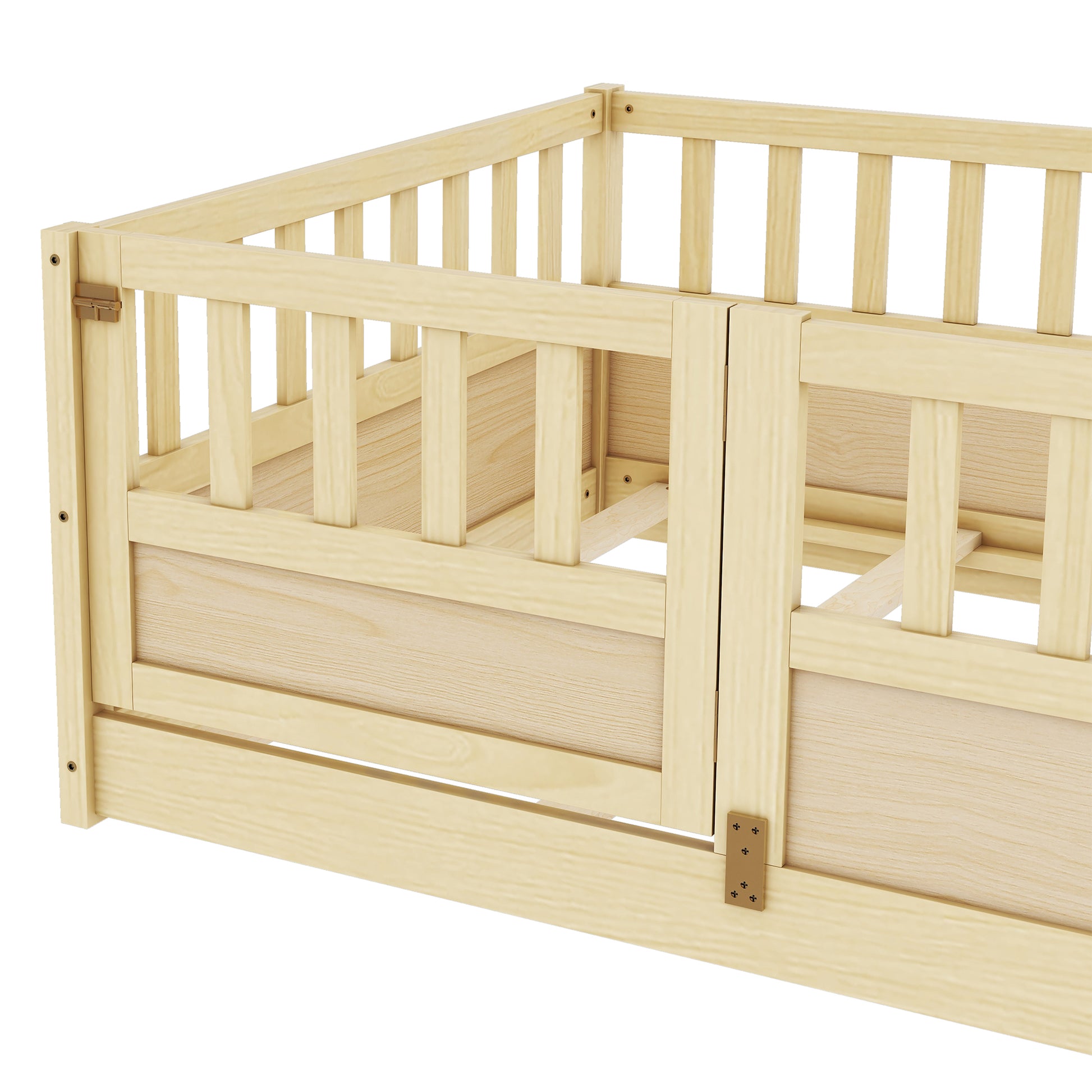 Twin Size Floor Bed, Integral Construction With Super High Security Barrier, Door, Children'S Floor Bed Frame, Montessori Wooden Children'S Floor Bed, Support Slat Natural Wood Box Spring Required