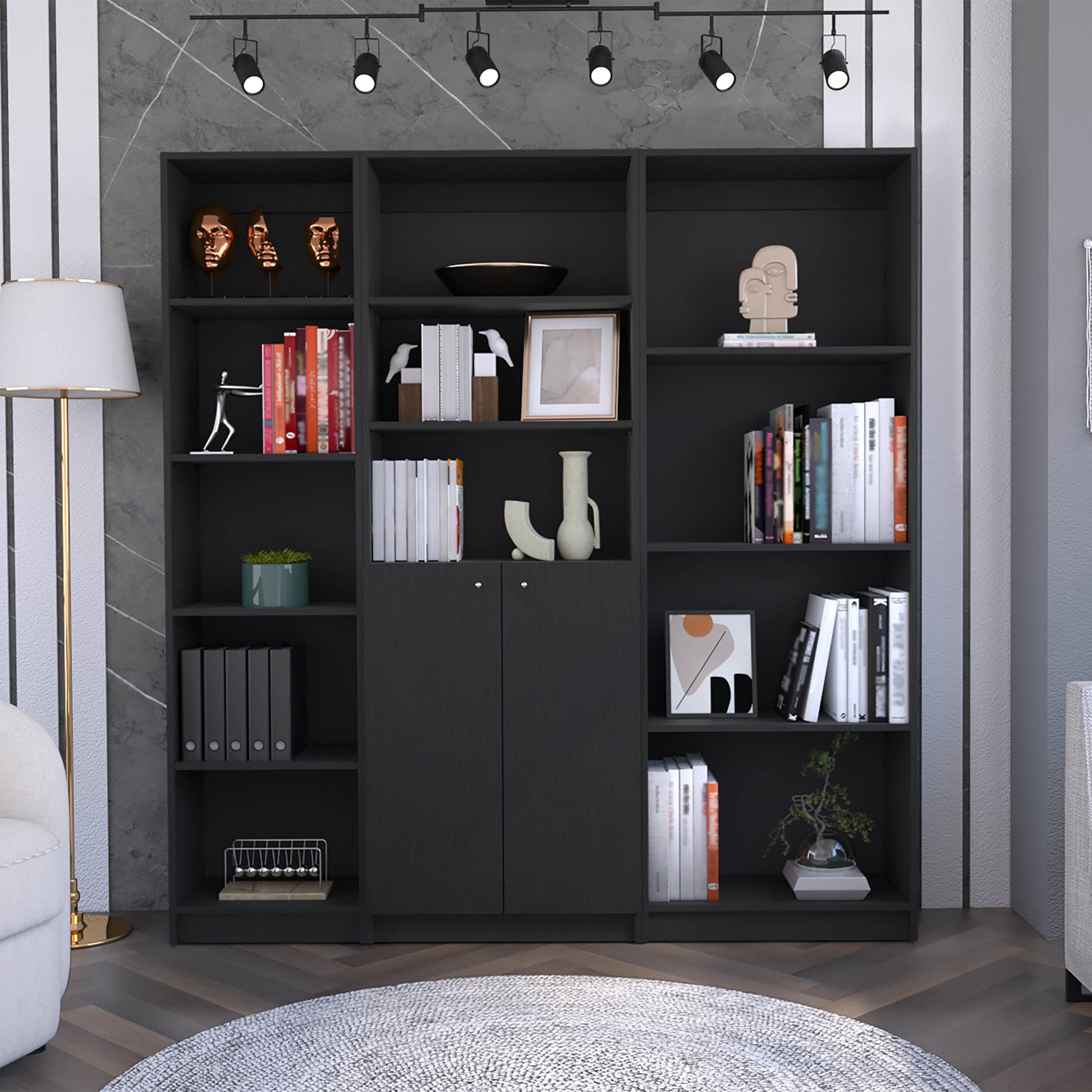 Poole 3 Piece Home Bookcase Set, 67" Wide With 12 Shelves And Two Door Cabinetliving Room Set Set Black 5 Or More Shelves Matte Black Office Open Storage Space Modern Particle Board