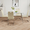 Modern Simple Rectangular Glass Dining Table, Solid Tempered Glass Tabletop, Electroplated Table Legs, Light Yellow Pu Dining Chair Set, Suitable For Restaurant Kitchen Use Set Of 5 Upholstered Chair Glass Light Yellow Seats 4 Metal Rectangular Dining
