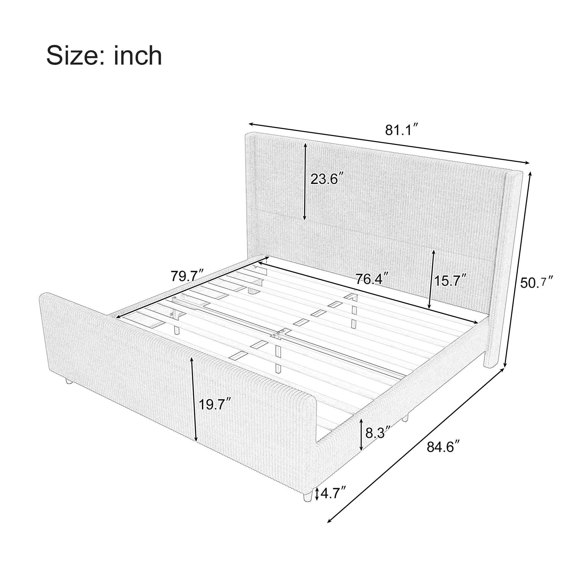 50.7'' High Headboard Corduroy Upholstered Bed Frame With Vertical Stripe Wingback And High Footboard No Box Spring Needed,King Size, Blue Box Spring Not Required King Blue Wood Bedroom Modern Bed Frame Wood