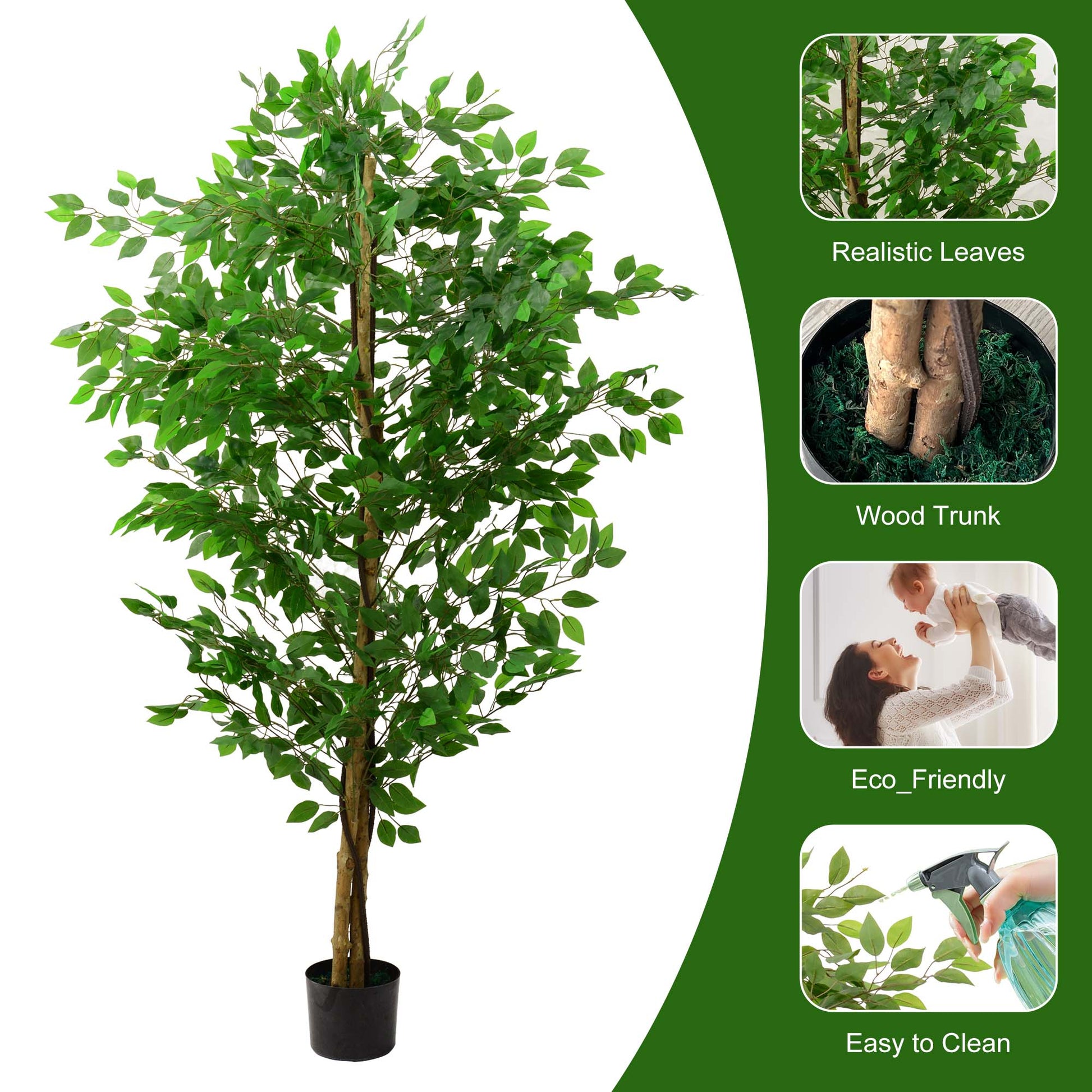 6Ft Ficus Tree Artificial, Realistic Texture Potted Faux Ficus Tree, Fake Trees Indoor Outdoor For Home Office Living Room Bedroom Foyer Porch Decor Green Plastic