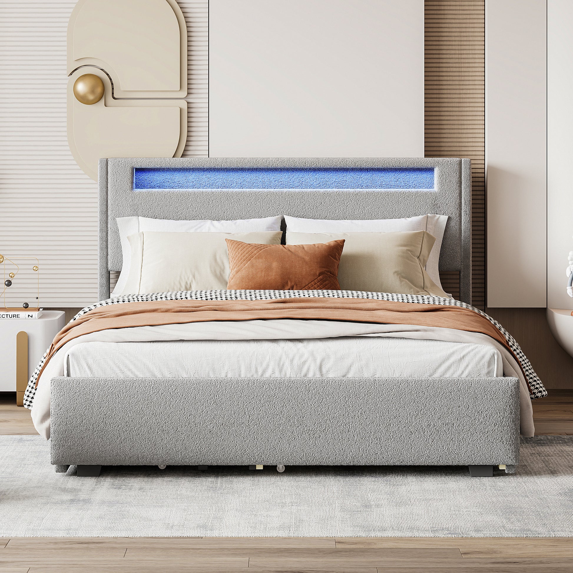 Queen Size Upholstered Platform Bed With Led Frame, With Twin Xl Size Trundle And 2 Drawers, Teddy Fleece, Gray Gray Fleece